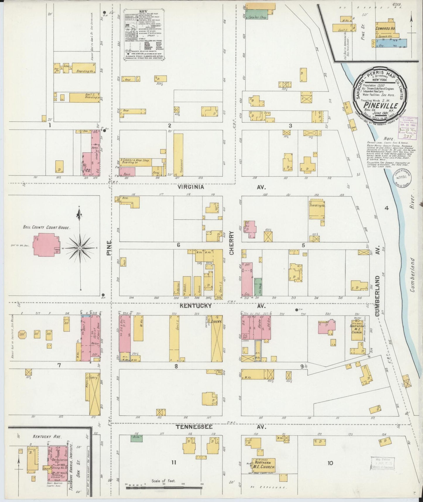 Sanborn Fire Insurance Map from Pineville, Bell County, Kentucky (1901), Sheet #0001 - Historic Sanborn Fire Insurance Map Print, vintage old map wall art, antique decor, genealogy gift, Kentucky Kentucky map