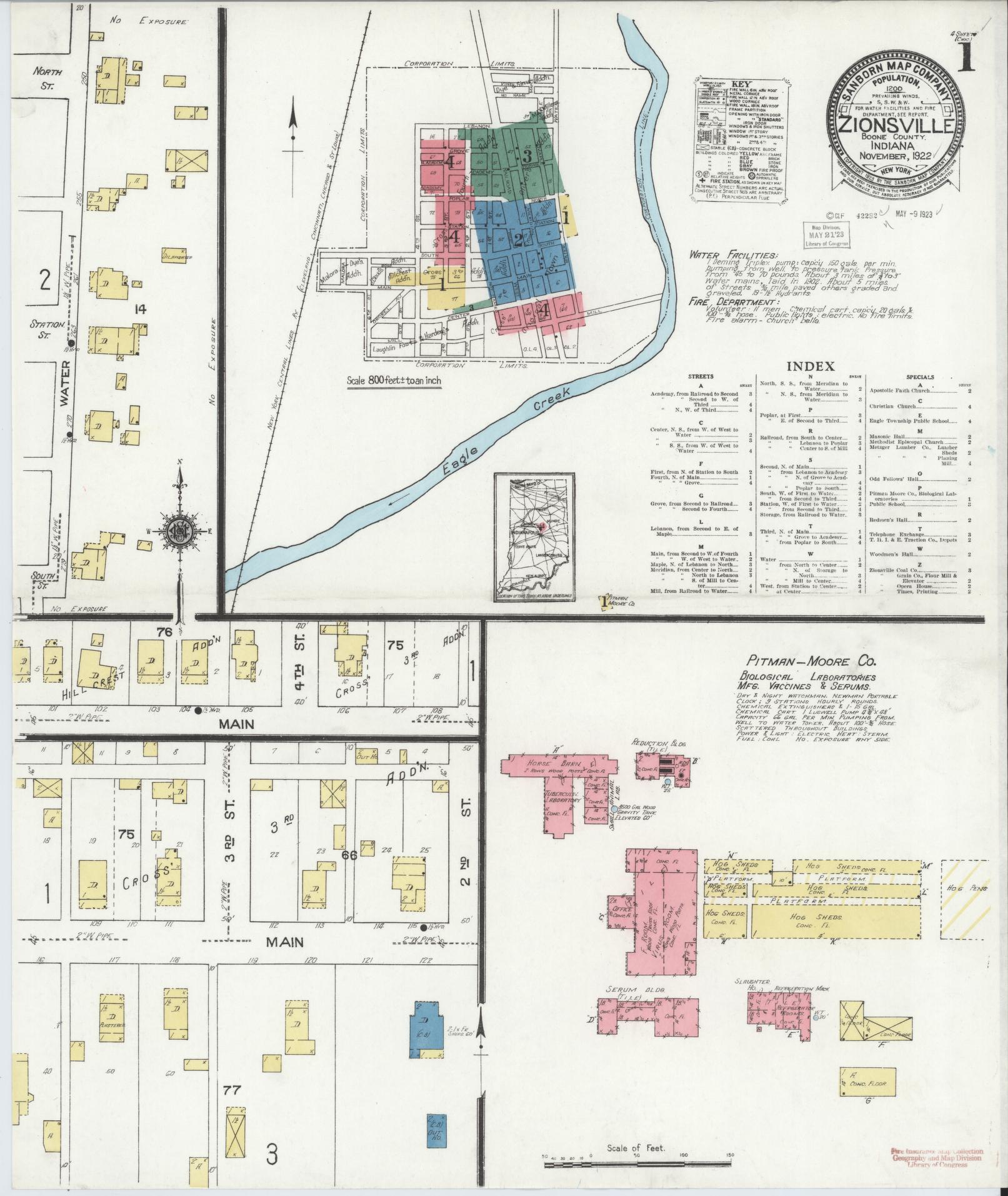 Sanborn Fire Insurance Map from Zionsville, Boone County, Indiana (1922), Sheet #0001 - Complete Map Set gallery image, historic Sanborn map, vintage wall art, Indiana Indiana