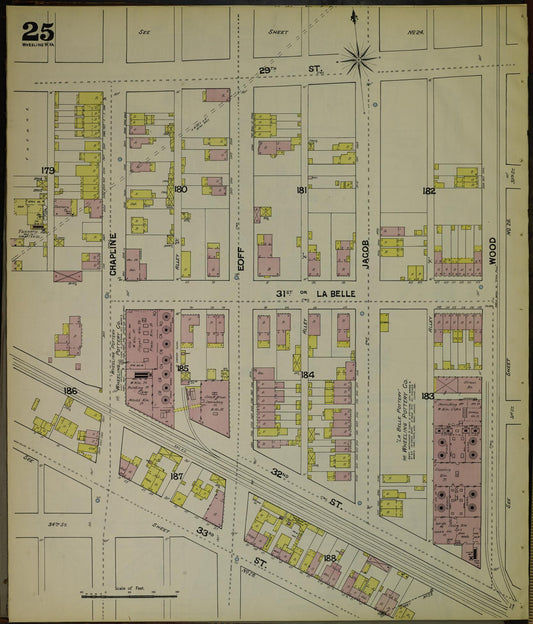Sanborn Fire Insurance Map from Wheeling, Ohio County, West Virginia (1890), Sheet #0025 - Historic Sanborn Fire Insurance Map Print, vintage old map wall art, antique decor, genealogy gift, West Virginia West Virginia map