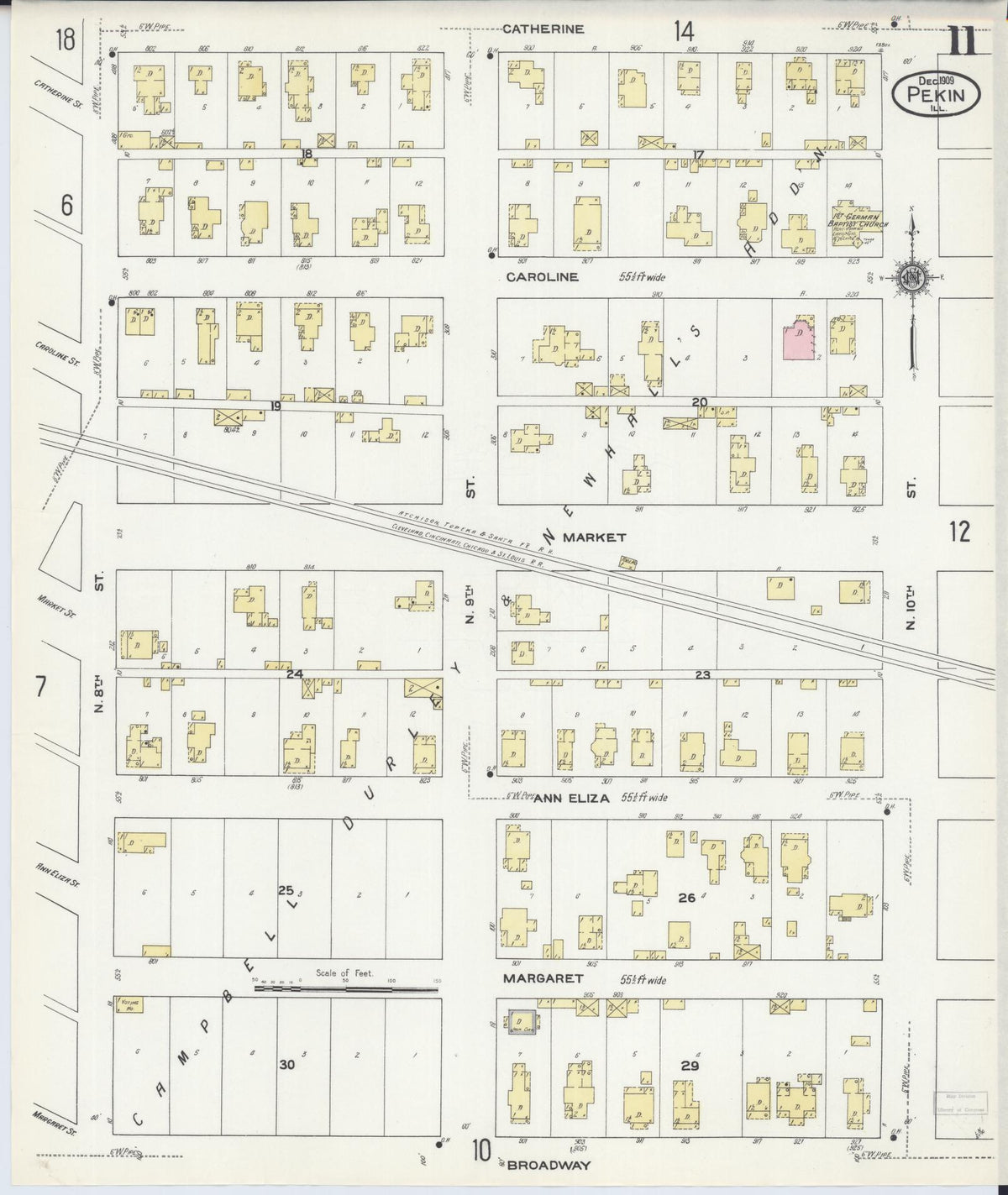 Sanborn Fire Insurance Map from Pekin, Tazewell County, Illinois (1909), Sheet #0011 - Historic Sanborn Fire Insurance Map Print, vintage old map wall art, antique decor, genealogy gift, Illinois Illinois map