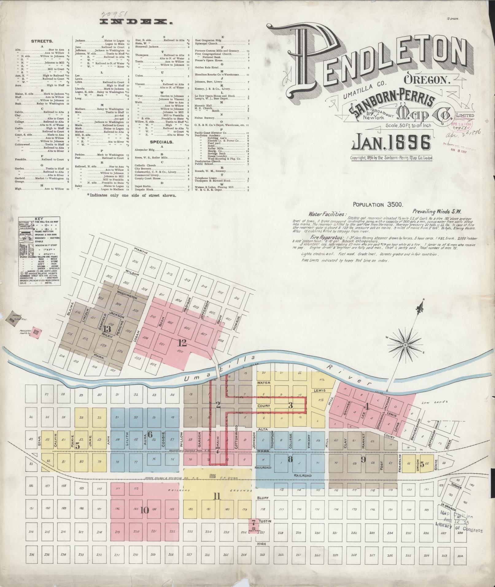 Sanborn Fire Insurance Map from Pendleton, Umatilla County, Oregon (1896), Sheet #0001 - Complete Map Set gallery image, historic Sanborn map, vintage wall art, Oregon Oregon