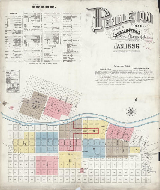 Sanborn Fire Insurance Map from Pendleton, Umatilla County, Oregon (1896), Sheet #0001 - Complete Map Set gallery image, historic Sanborn map, vintage wall art, Oregon Oregon