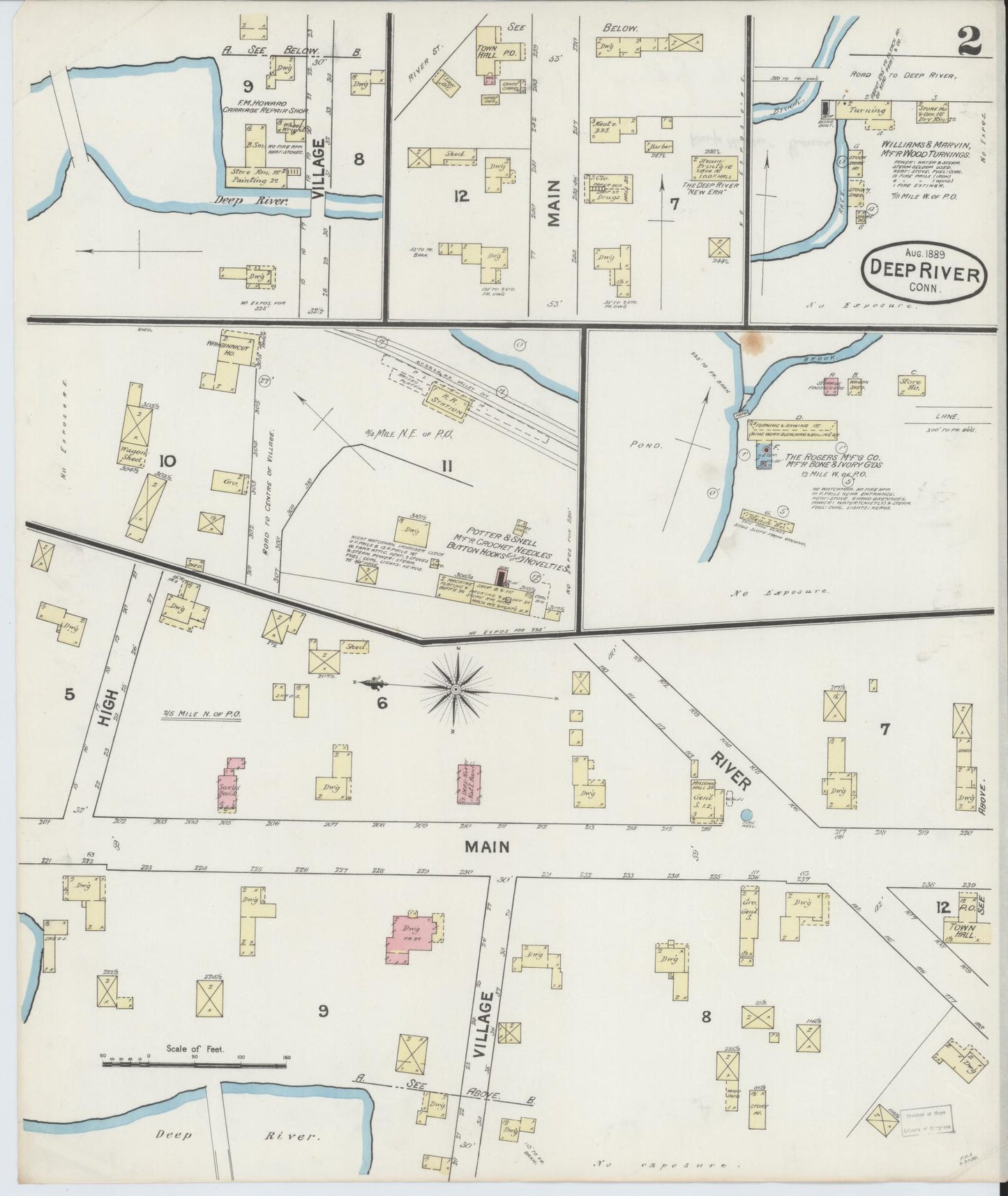Sanborn Fire Insurance Map from Deep River, Middlesex County, Connecticut (1889), Sheet #0002 - Historic Sanborn Fire Insurance Map Print, vintage old map wall art, antique decor, genealogy gift, Connecticut Connecticut map
