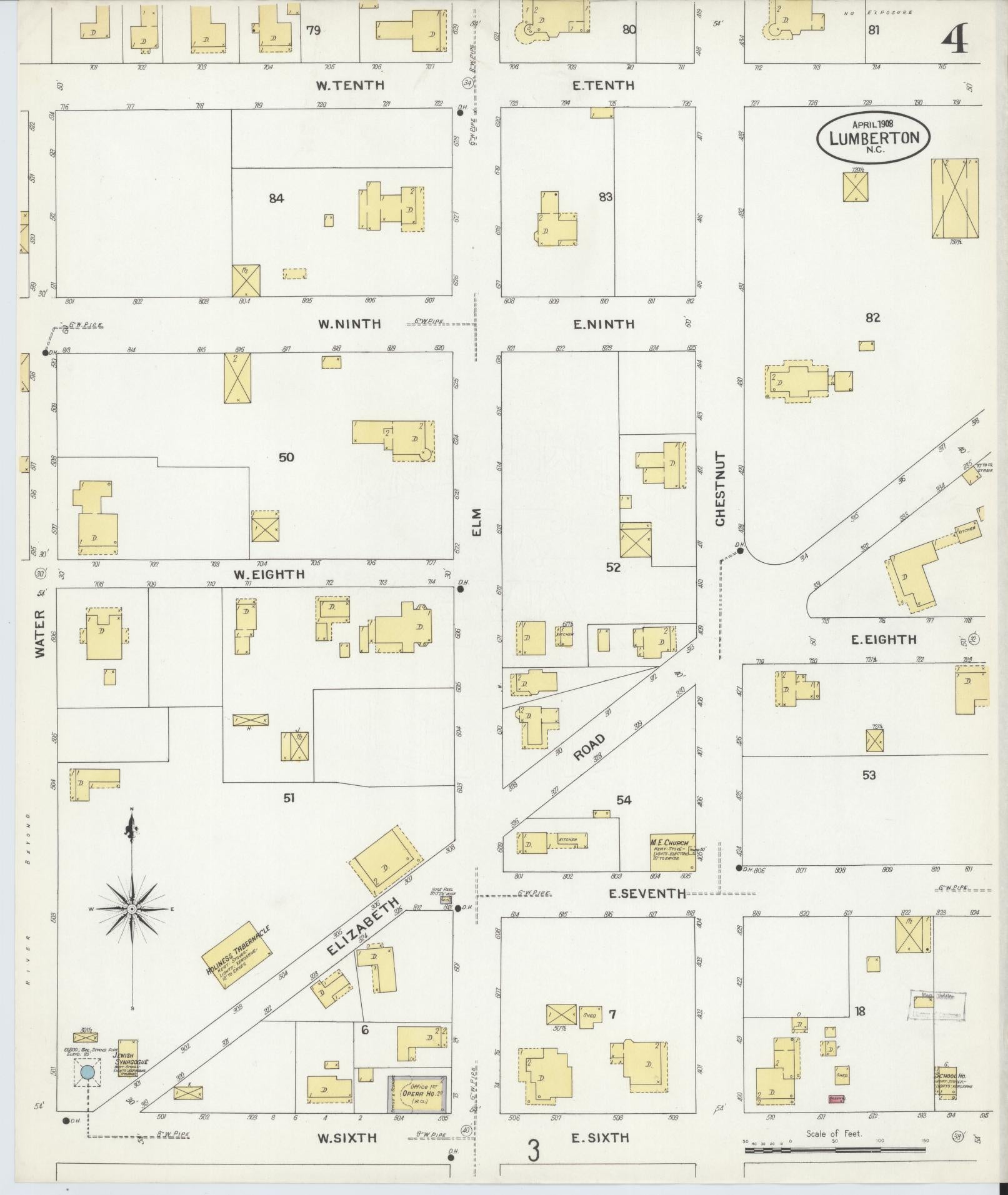 Sanborn Fire Insurance Map from Lumberton, Robeson County, North Carolina (1908), Sheet #0004 - Complete Map Set gallery image, historic Sanborn map, vintage wall art, North Carolina North Carolina