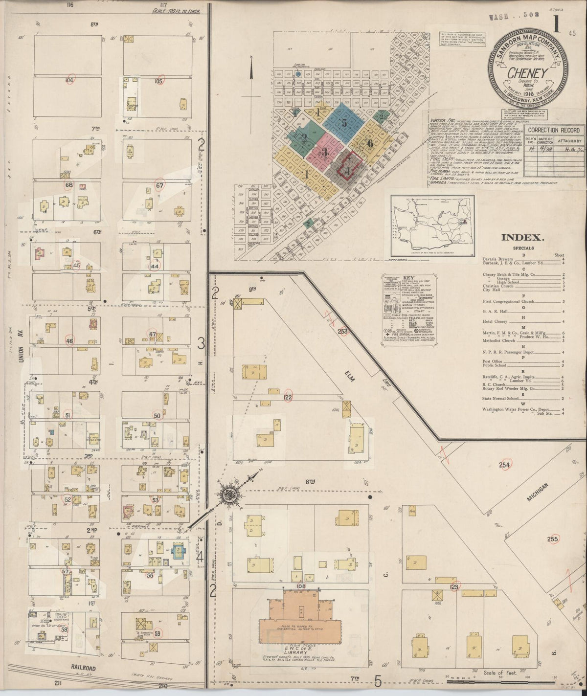 Sanborn Fire Insurance Map from Cheney, Spokane County, Washington (1939), Sheet #0001 - Historic Sanborn Fire Insurance Map Print, vintage old map wall art, antique decor, genealogy gift, Washington Washington map