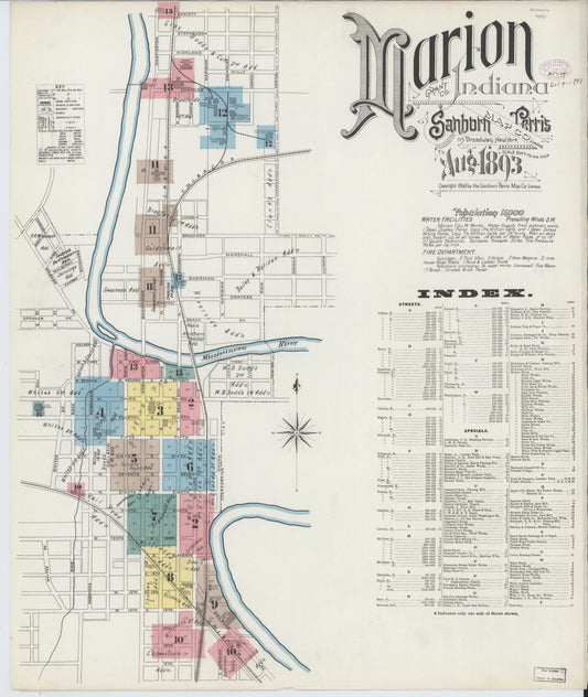 Sanborn Fire Insurance Map from Marion, Grant County, Indiana (1893), Sheet #0001 - Historic Sanborn Fire Insurance Map Print, vintage old map wall art, antique decor, genealogy gift, Indiana Indiana map