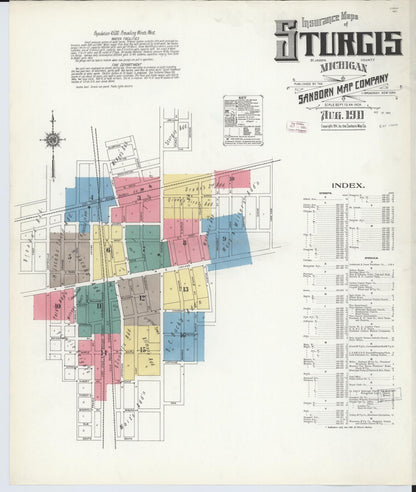 Sanborn Fire Insurance Map from Sturgis, Saint Joseph County, Michigan (1911), Sheet #0001 - Historic Sanborn Fire Insurance Map Print, vintage old map wall art, antique decor, genealogy gift, Michigan Michigan map
