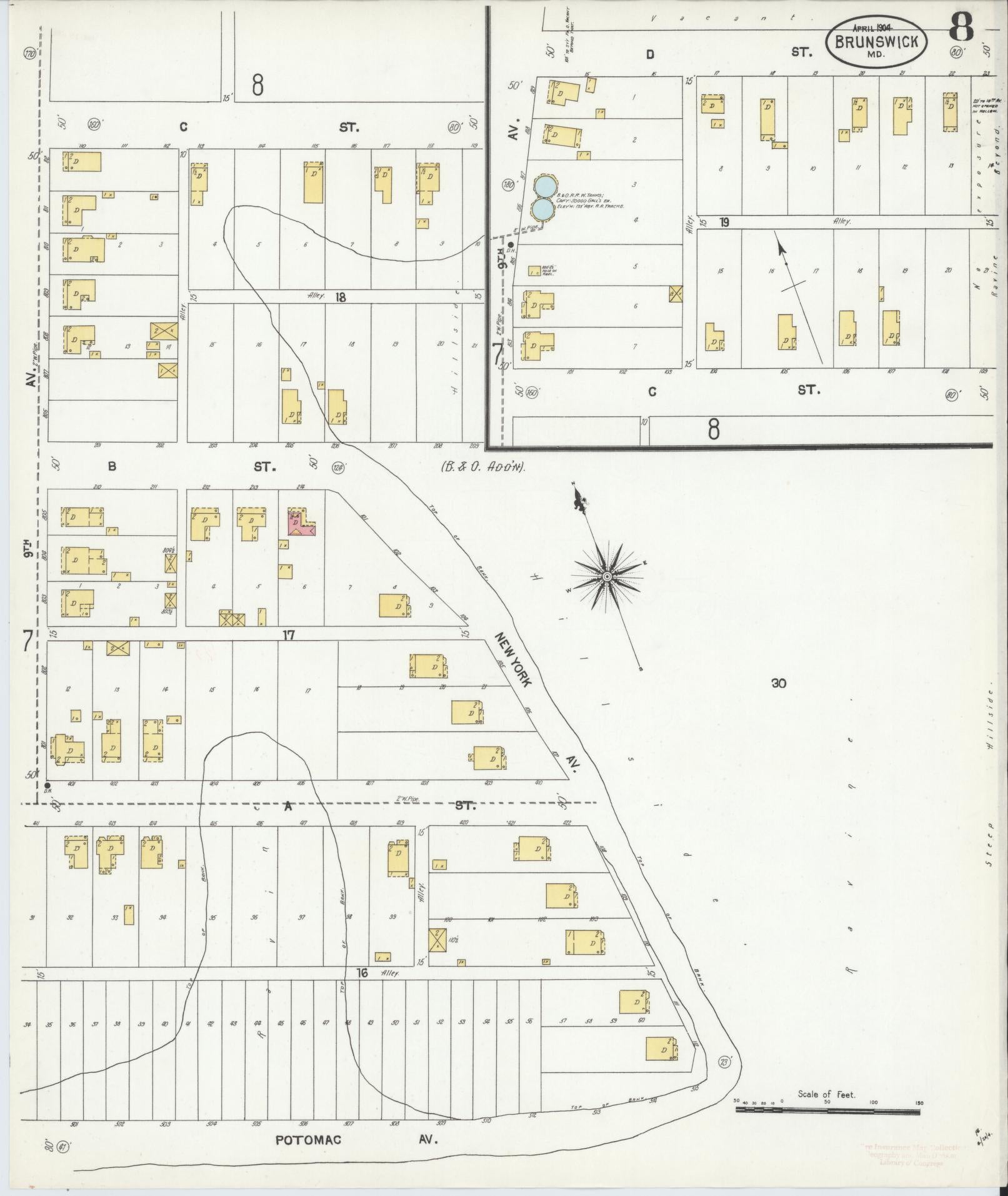 Frederick, Maryland - 1904 - Sanborn Fire Insurance Map, Sheet #0008 - Historic Sanborn Fire Insurance Map Print, Frederick Maryland 1904 0008 vintage old map wall art