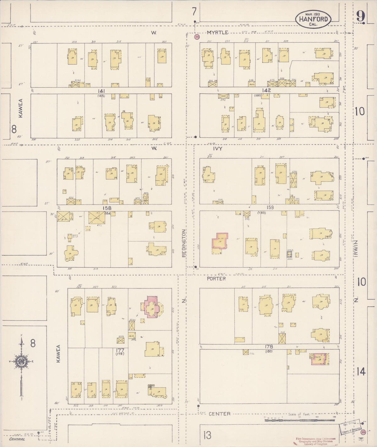 Sanborn Fire Insurance Map from Hanford, Kings County, California (1913), Sheet #0009 - Complete Map Set gallery image, historic Sanborn map, vintage wall art, California California
