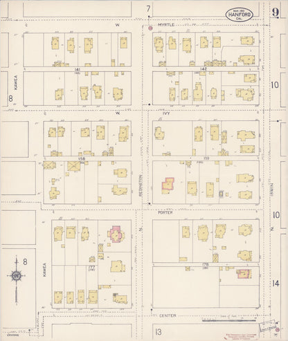 Sanborn Fire Insurance Map from Hanford, Kings County, California (1913), Sheet #0009 - Complete Map Set gallery image, historic Sanborn map, vintage wall art, California California