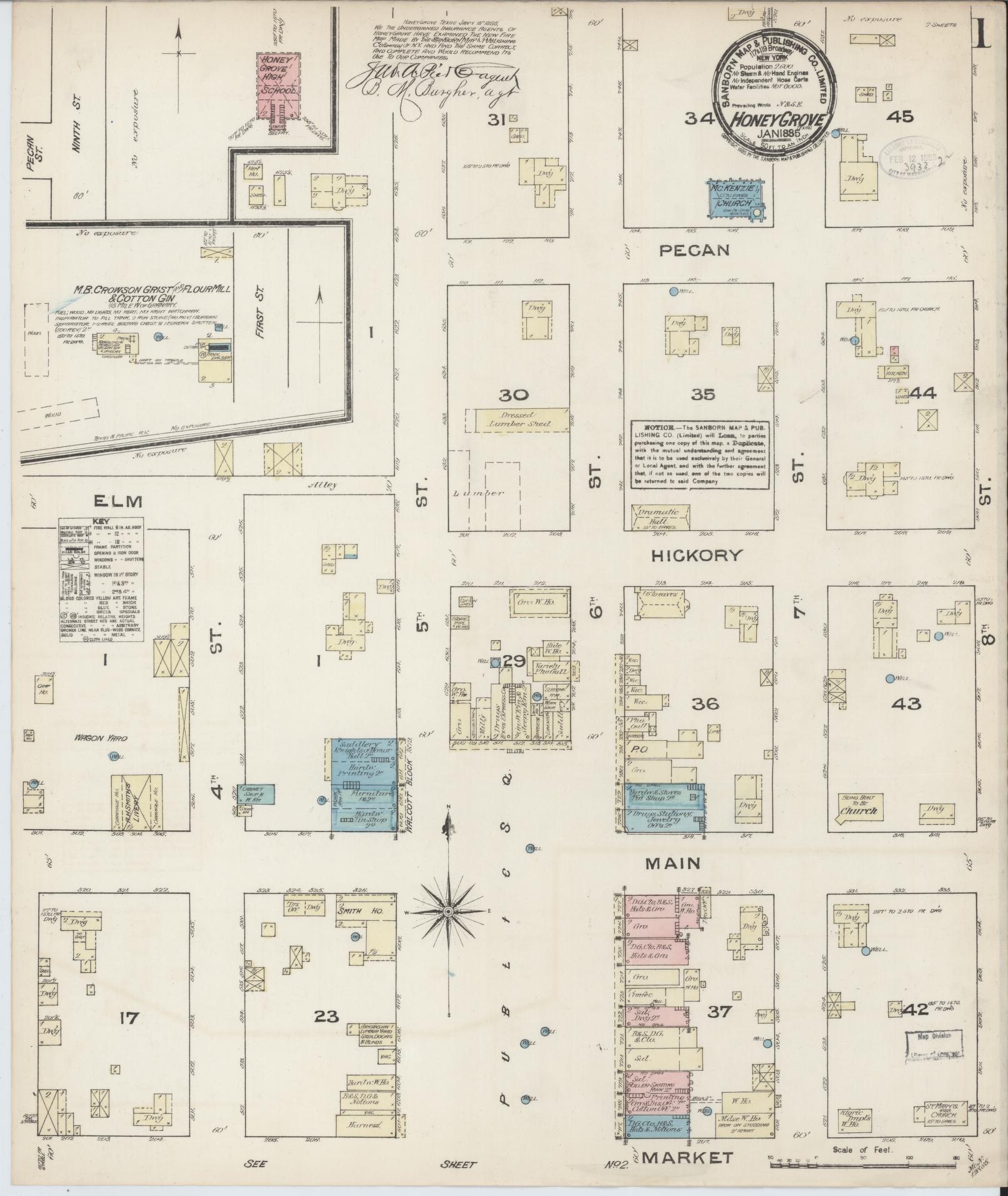 Sanborn Fire Insurance Map from Honey Grove, Fannin County, Texas (1885), Sheet #0001 - Complete Map Set gallery image, historic Sanborn map, vintage wall art, Texas Texas