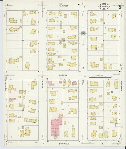 Sanborn Fire Insurance Map from Beloit, Rock County, Wisconsin (1915), Sheet #0009 - Historic Sanborn Fire Insurance Map Print, vintage old map wall art, antique decor, genealogy gift, Wisconsin Wisconsin map