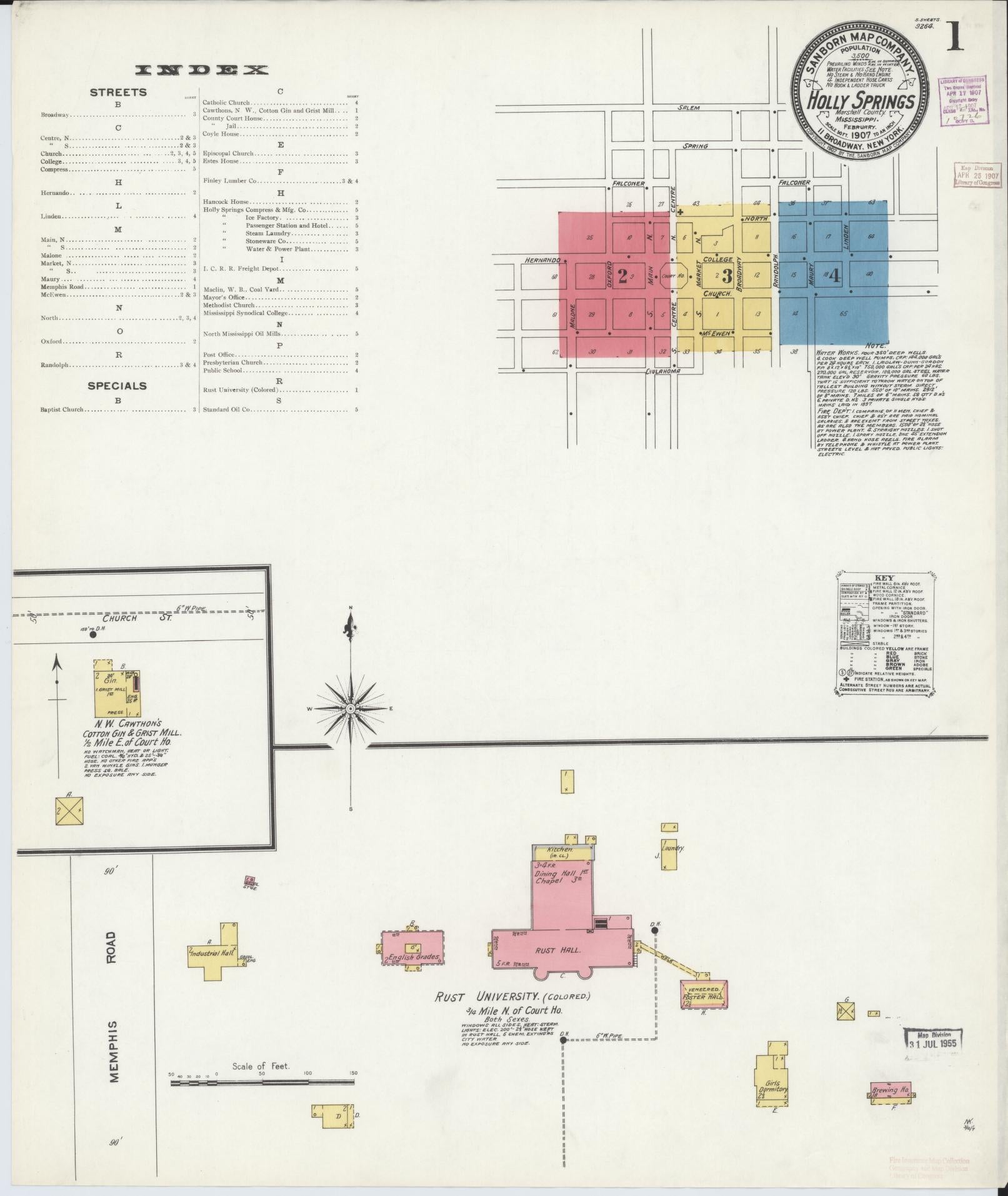 Sanborn Fire Insurance Map from Holly Springs, Marshall County, Mississippi (1907), Sheet #0001 - Historic Sanborn Fire Insurance Map Print, vintage old map wall art, antique decor, genealogy gift, Mississippi Mississippi map