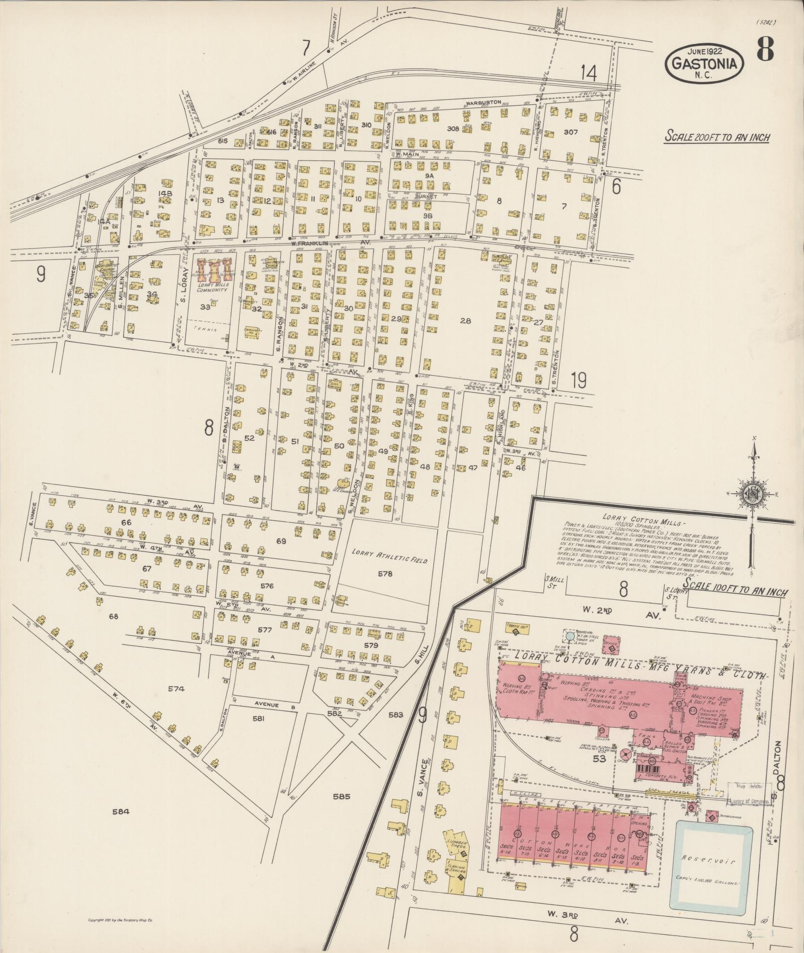 Sanborn Fire Insurance Map from Gastonia, Gaston County, North Carolina (1922), Sheet #0008 - Historic Sanborn Fire Insurance Map Print, vintage old map wall art, antique decor, genealogy gift, North Carolina North Carolina map