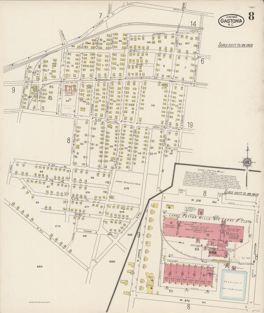Sanborn Fire Insurance Map from Gastonia, Gaston County, North Carolina (1922), Sheet #0008 - Historic Sanborn Fire Insurance Map Print, vintage old map wall art, antique decor, genealogy gift, North Carolina North Carolina map