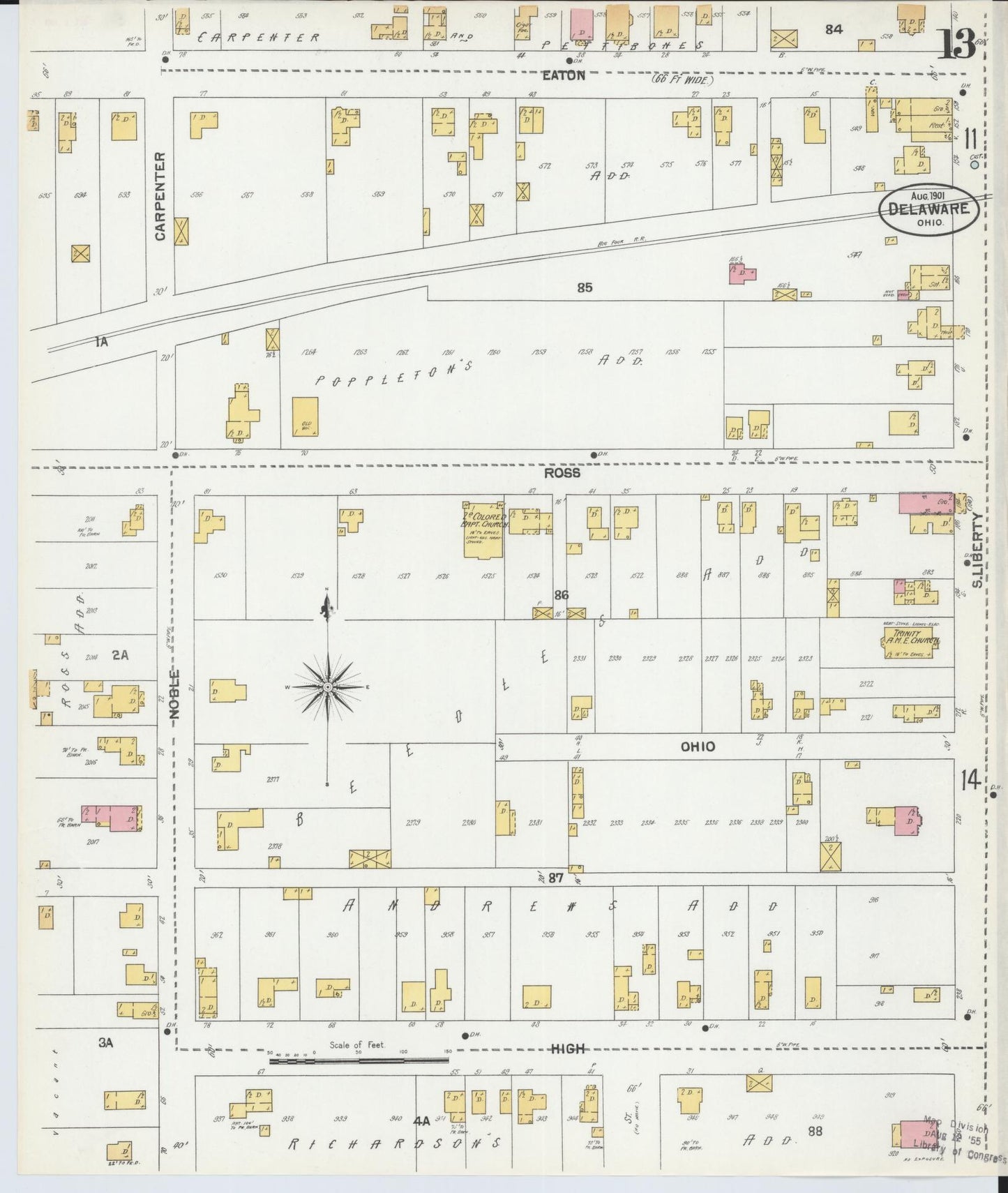 Sanborn Fire Insurance Map from Delaware, Delaware County, Ohio (1901), Sheet #0013 - Historic Sanborn Fire Insurance Map Print, vintage old map wall art, antique decor, genealogy gift, Sanborn Fire Insurance Map from Delaware Delaware map