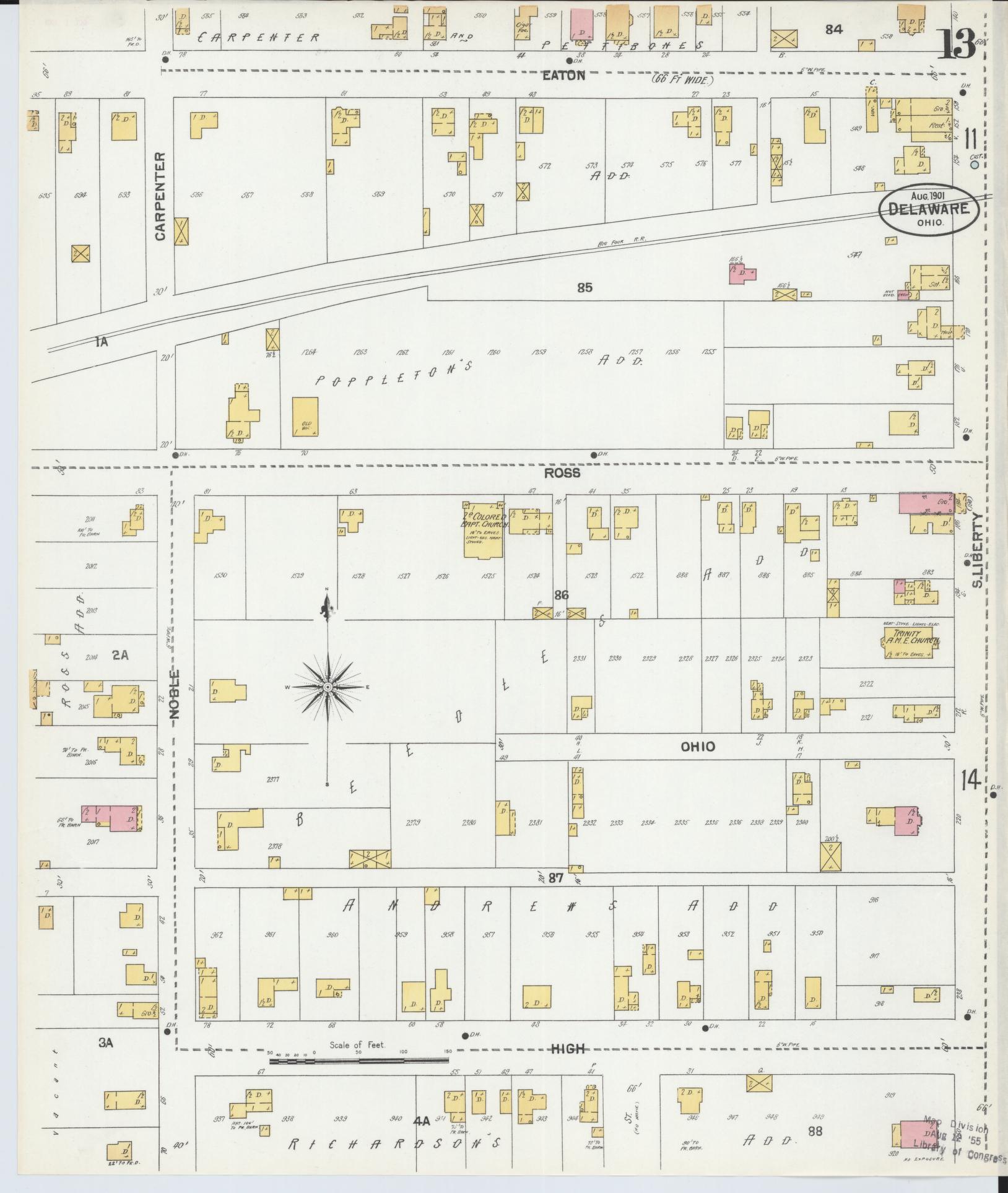 Sanborn Fire Insurance Map from Delaware, Delaware County, Ohio (1901), Sheet #0013 - Historic Sanborn Fire Insurance Map Print, vintage old map wall art, antique decor, genealogy gift, Sanborn Fire Insurance Map from Delaware Delaware map