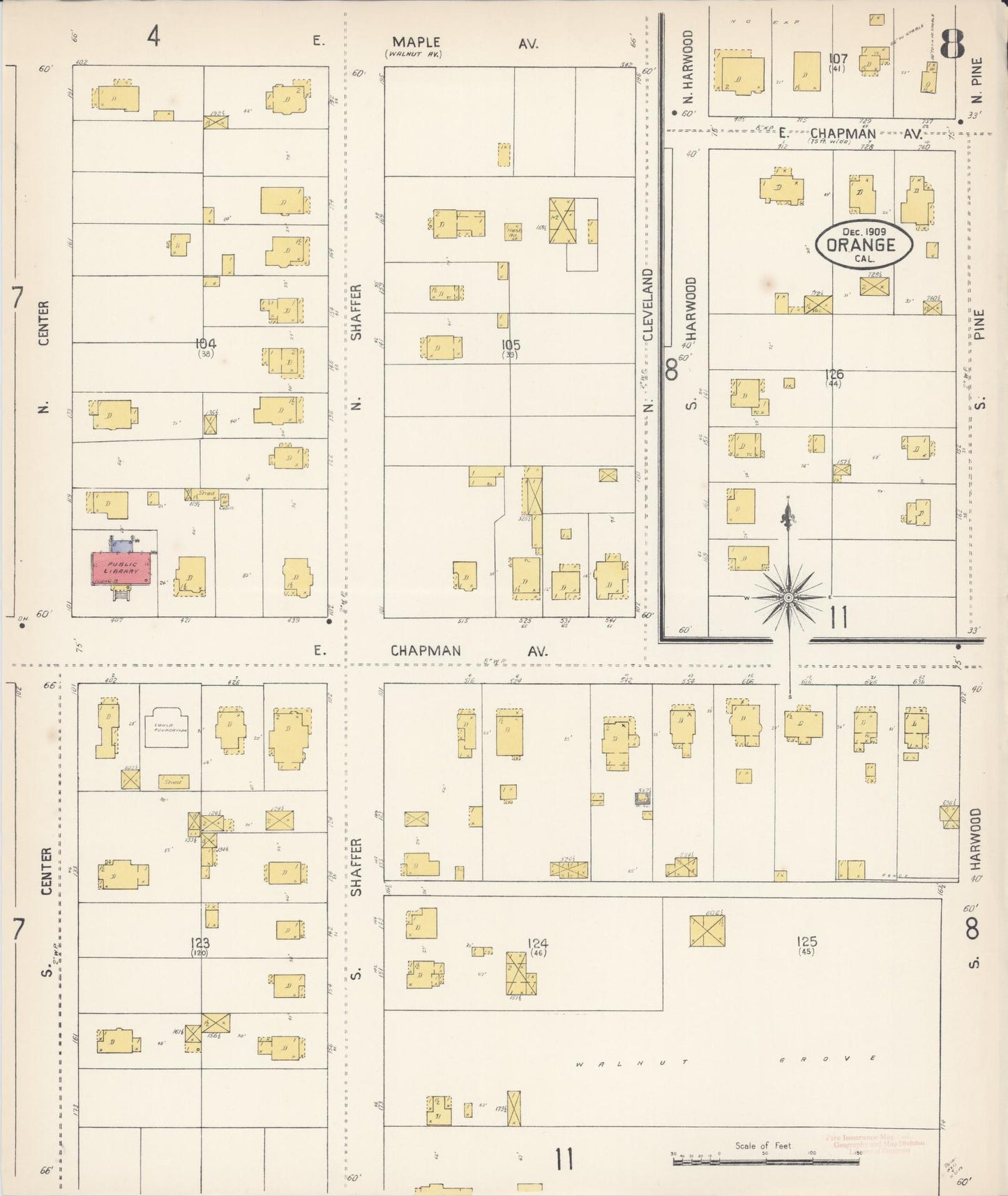 Sanborn Fire Insurance Map from Orange, Orange County, California (1909), Sheet #0008 - Complete Map Set gallery image, historic Sanborn map, vintage wall art, California California
