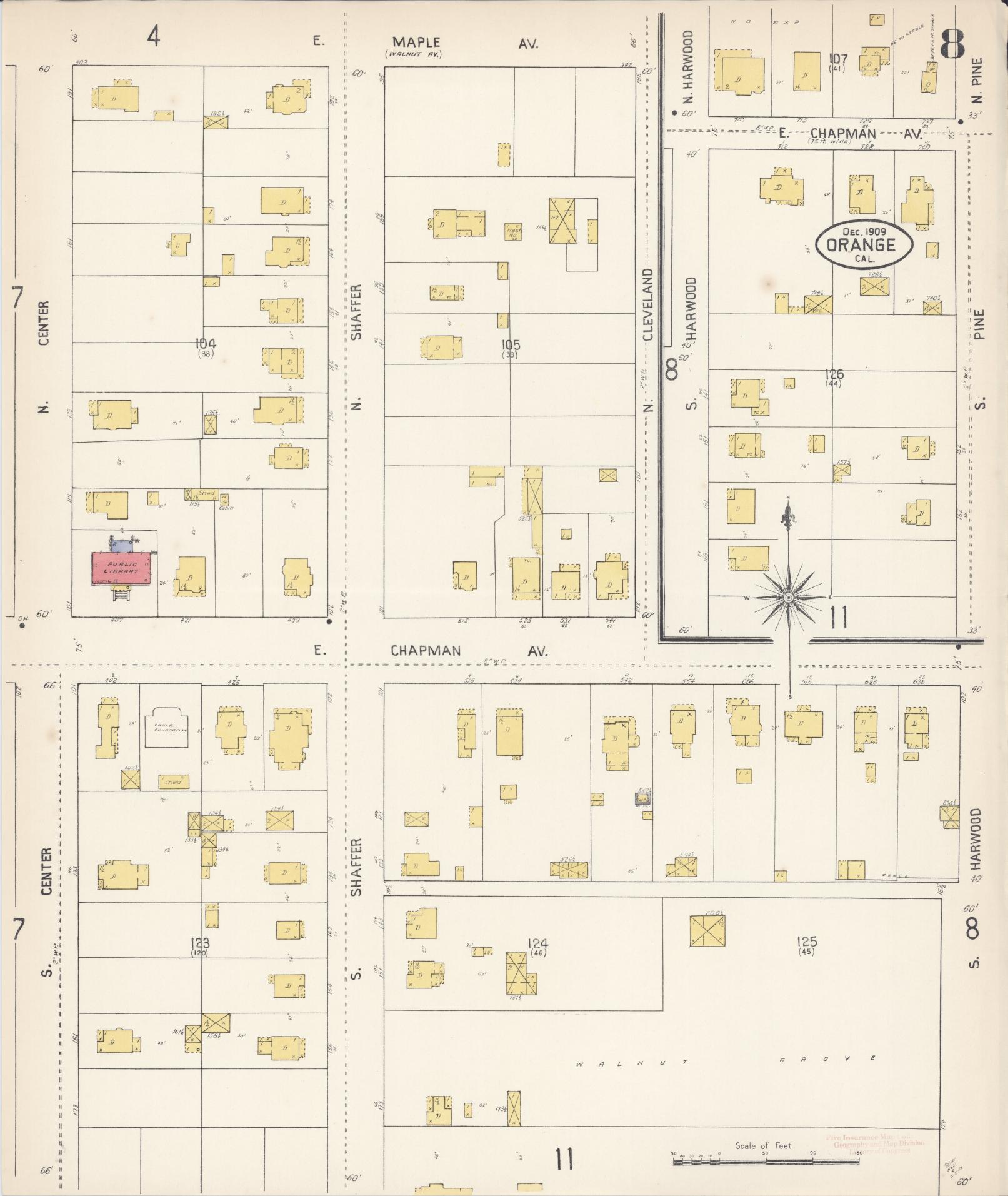 Sanborn Fire Insurance Map from Orange, Orange County, California (1909), Sheet #0008 - Complete Map Set gallery image, historic Sanborn map, vintage wall art, California California