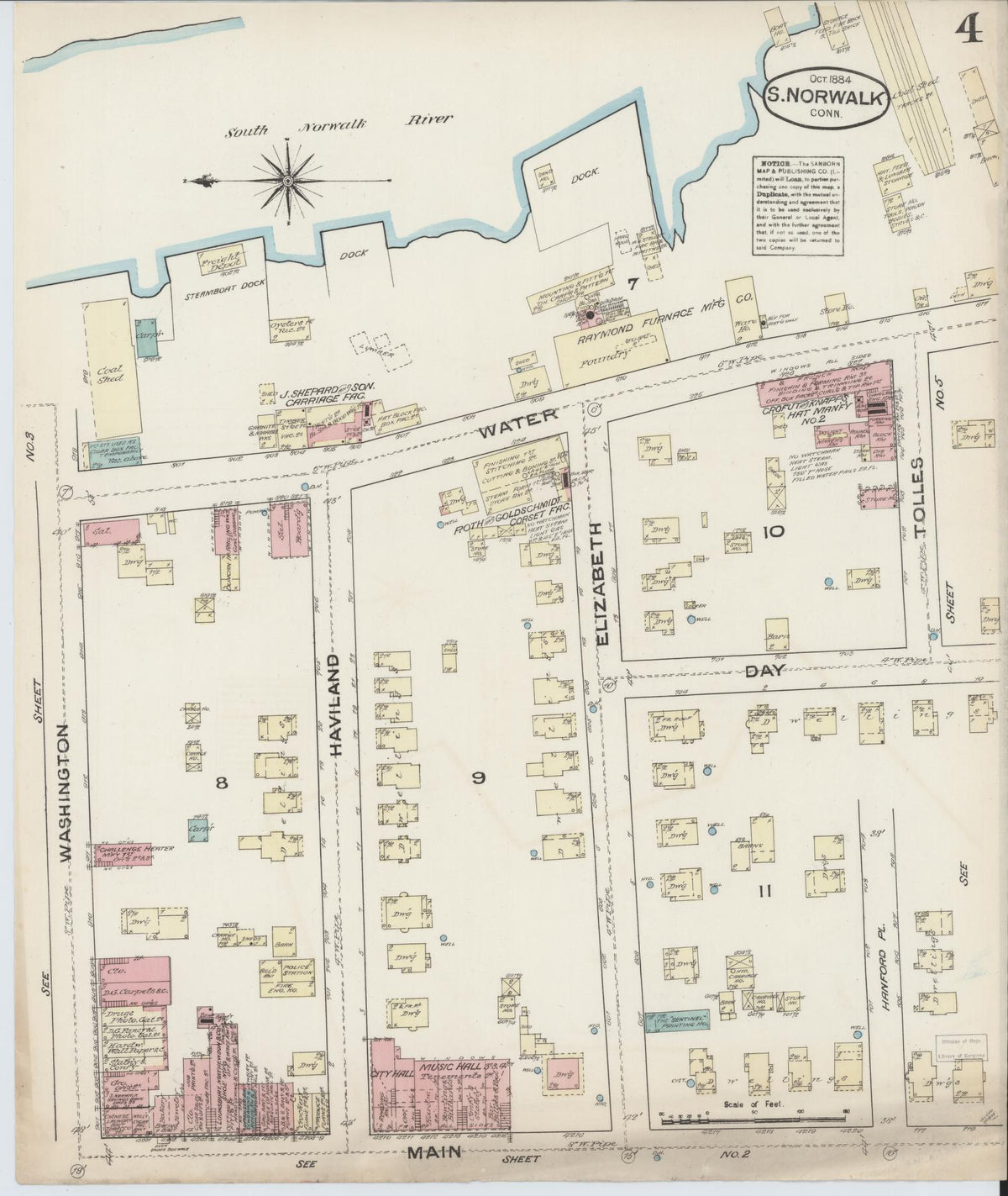 Sanborn Fire Insurance Map from South Norwalk, Fairfield County, Connecticut (1884), Sheet #0004 - Historic Sanborn Fire Insurance Map Print, vintage old map wall art, antique decor, genealogy gift, Connecticut Connecticut map