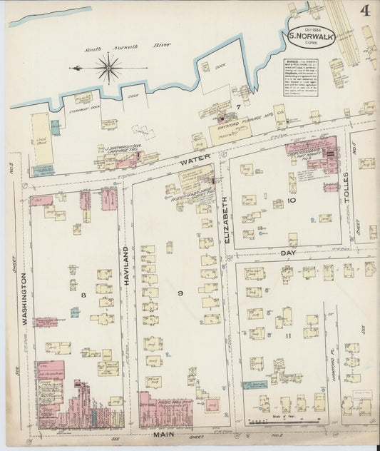 Sanborn Fire Insurance Map from South Norwalk, Fairfield County, Connecticut (1884), Sheet #0004 - Historic Sanborn Fire Insurance Map Print, vintage old map wall art, antique decor, genealogy gift, Connecticut Connecticut map