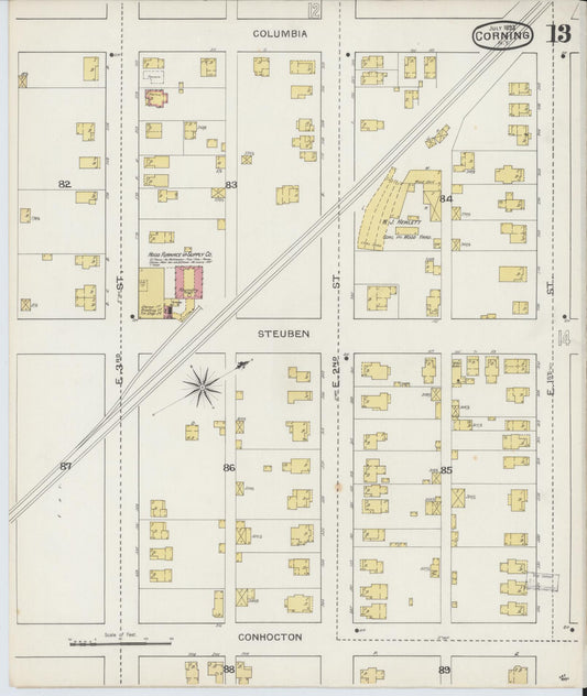 Sanborn Fire Insurance Map from Corning, Steuben County, New York (1893), Sheet #0013 - Historic Sanborn Fire Insurance Map Print, vintage old map wall art, antique decor, genealogy gift, New York New York map