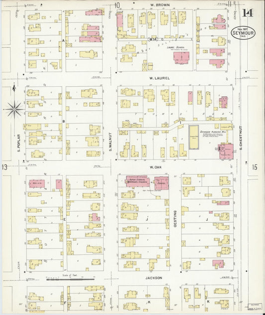 Sanborn Fire Insurance Map from Seymour, Jackson County, Indiana (1907), Sheet #0014 - Historic Sanborn Fire Insurance Map Print, vintage old map wall art, antique decor, genealogy gift, Indiana Indiana map