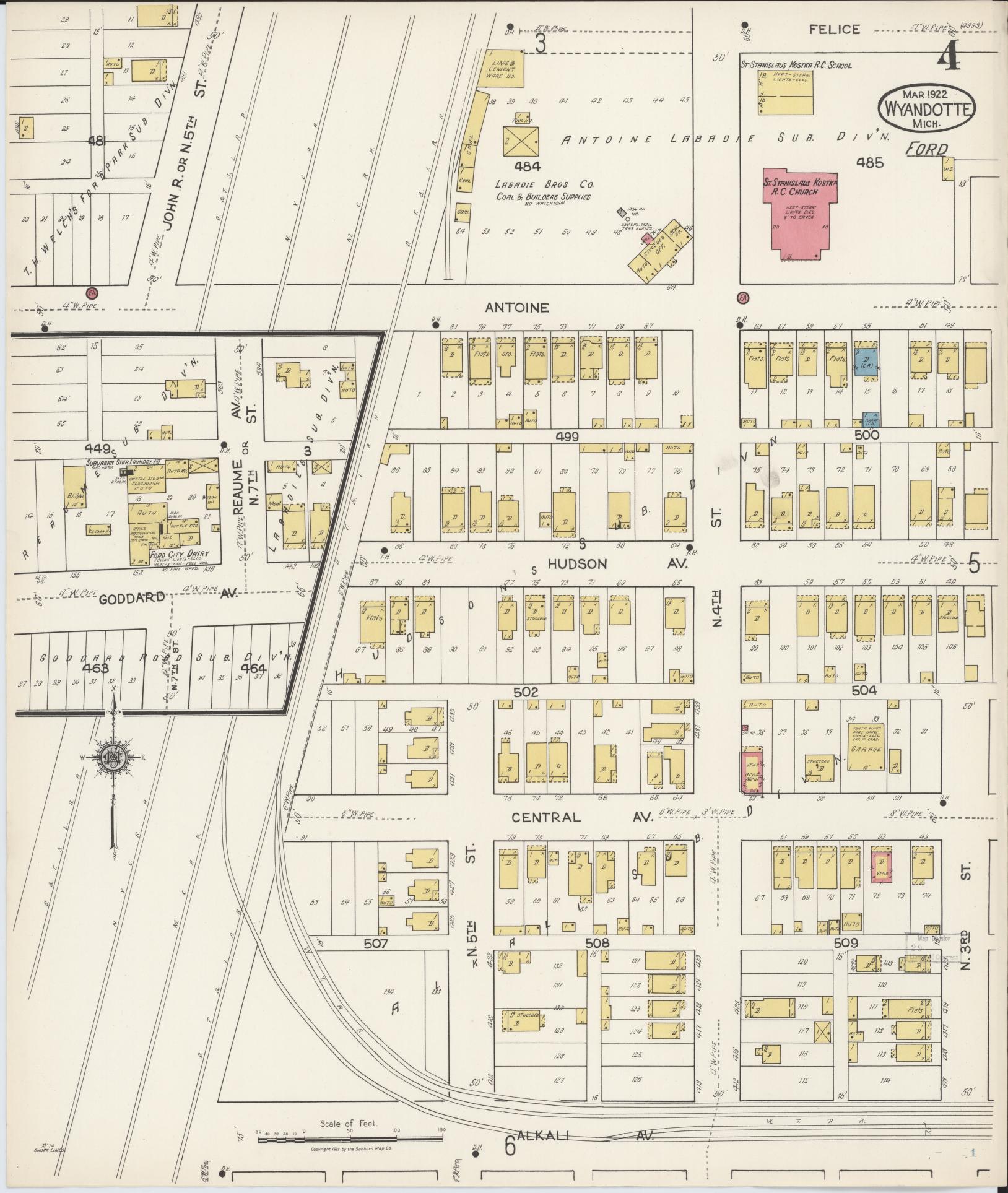 Sanborn Fire Insurance Map from Wyandotte, Wayne County, Michigan (1922), Sheet #0004 - Historic Sanborn Fire Insurance Map Print, vintage old map wall art, antique decor, genealogy gift, Michigan Michigan map