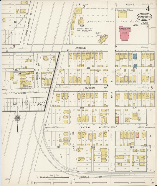 Sanborn Fire Insurance Map from Wyandotte, Wayne County, Michigan (1922), Sheet #0004 - Historic Sanborn Fire Insurance Map Print, vintage old map wall art, antique decor, genealogy gift, Michigan Michigan map