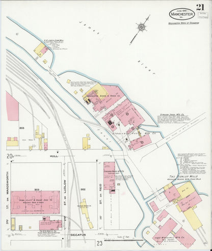Sanborn Fire Insurance Map from Manchester, Chesterfield County, Virginia (1910), Sheet #0021 - Historic Sanborn Fire Insurance Map Print, vintage old map wall art, antique decor, genealogy gift, Virginia Virginia map