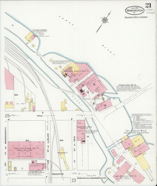 Sanborn Fire Insurance Map from Manchester, Chesterfield County, Virginia (1910), Sheet #0021 - Historic Sanborn Fire Insurance Map Print, vintage old map wall art, antique decor, genealogy gift, Virginia Virginia map