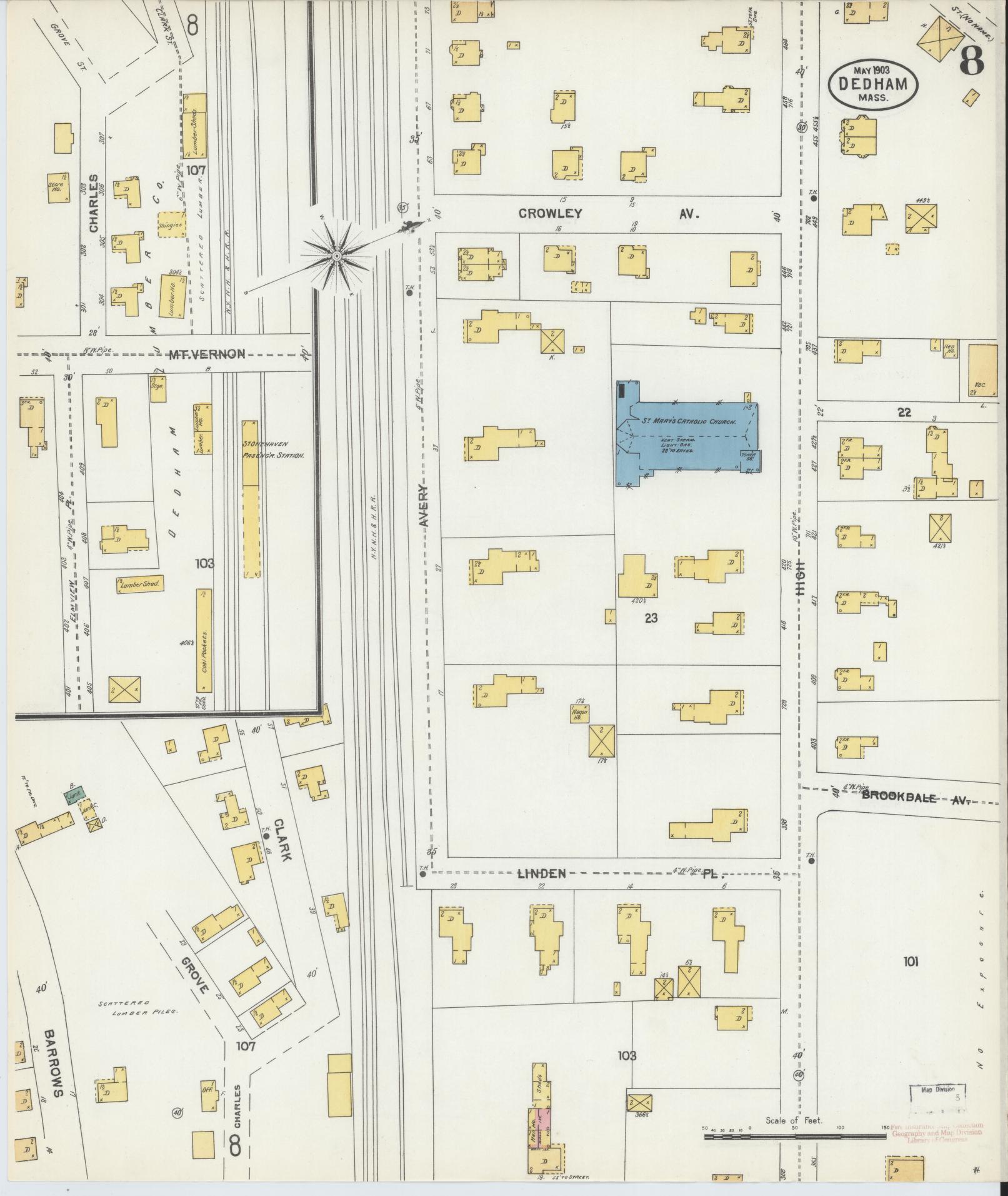 Sanborn Fire Insurance Map from Dedham, Norfolk County, Massachusetts (1903), Sheet #0008 - Complete Map Set gallery image, historic Sanborn map, vintage wall art, Massachusetts Massachusetts
