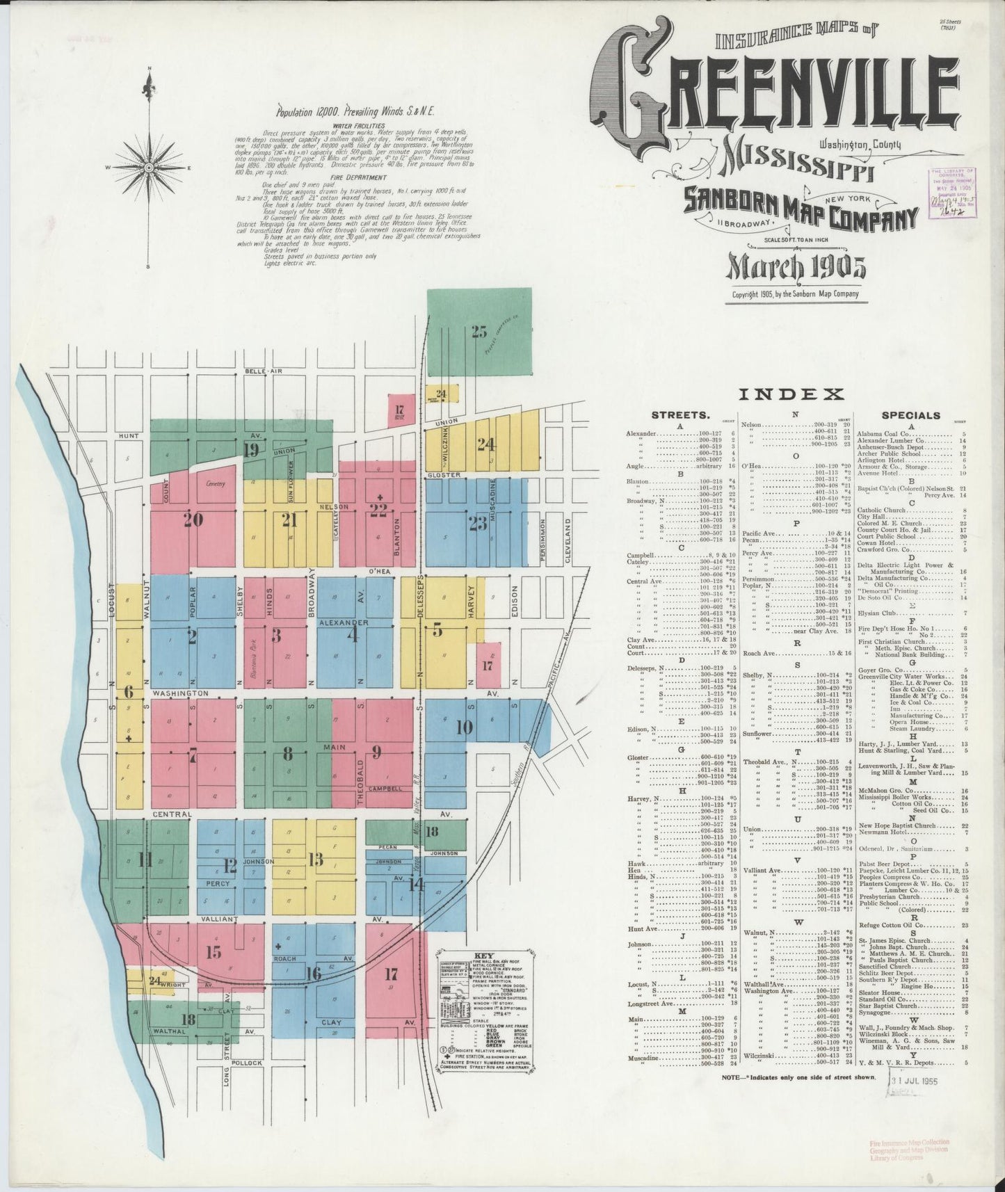 Sanborn Fire Insurance Map from Greenville, Washington County, Mississippi (1905), Sheet #0001 - Complete Map Set gallery image, historic Sanborn map, vintage wall art, Mississippi Mississippi