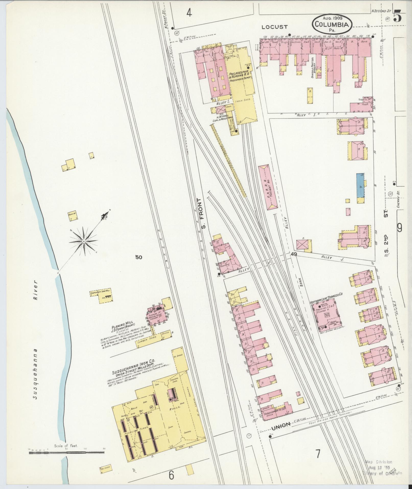 Sanborn Fire Insurance Map from Columbia, Lancaster County, Pennsylvania (1909), Sheet #0005 - Historic Sanborn Fire Insurance Map Print, vintage old map wall art, antique decor, genealogy gift, Pennsylvania Pennsylvania map