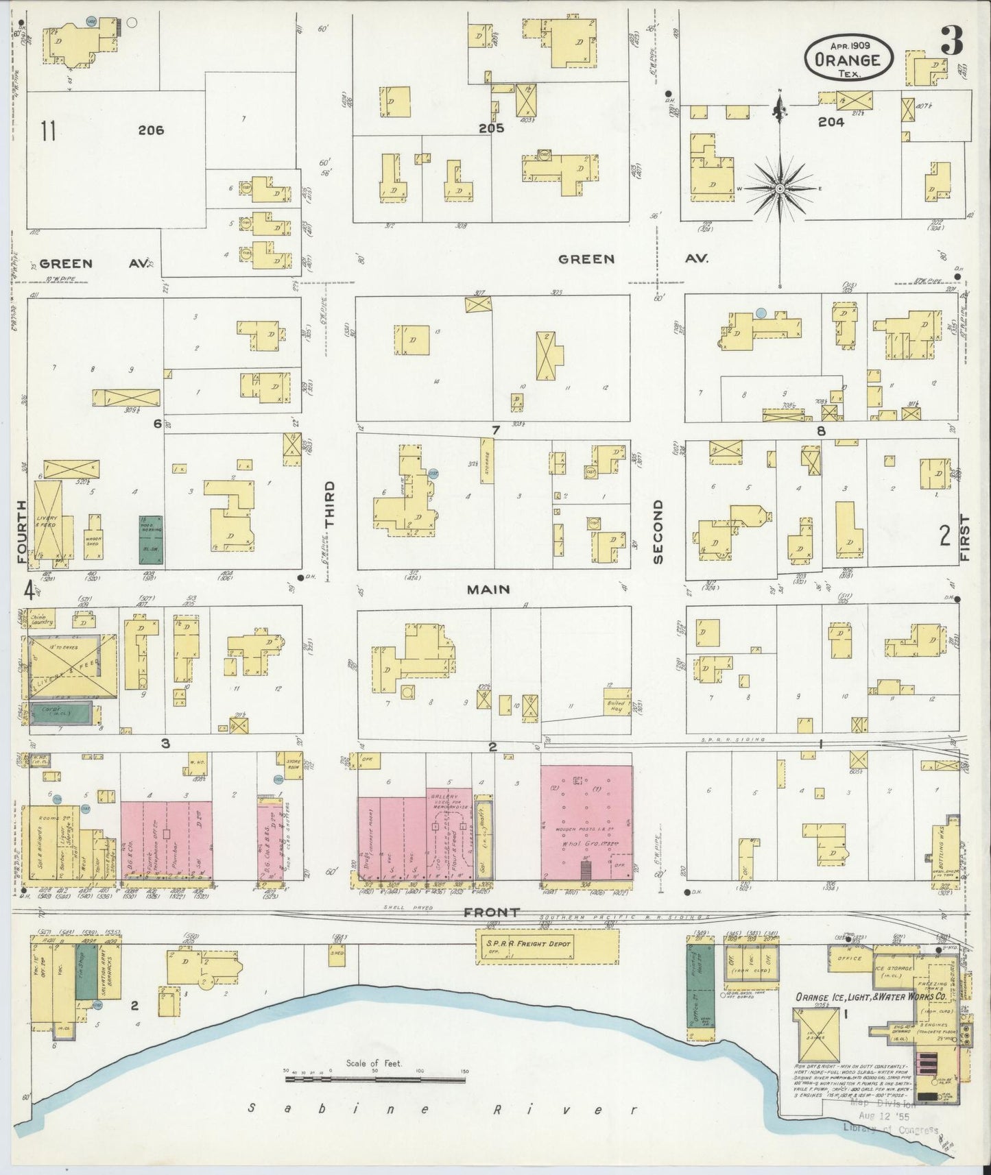 Sanborn Fire Insurance Map from Orange, Orange County, Texas (1909), Sheet #0003 - Historic Sanborn Fire Insurance Map Print, vintage old map wall art, antique decor, genealogy gift, Texas Texas map