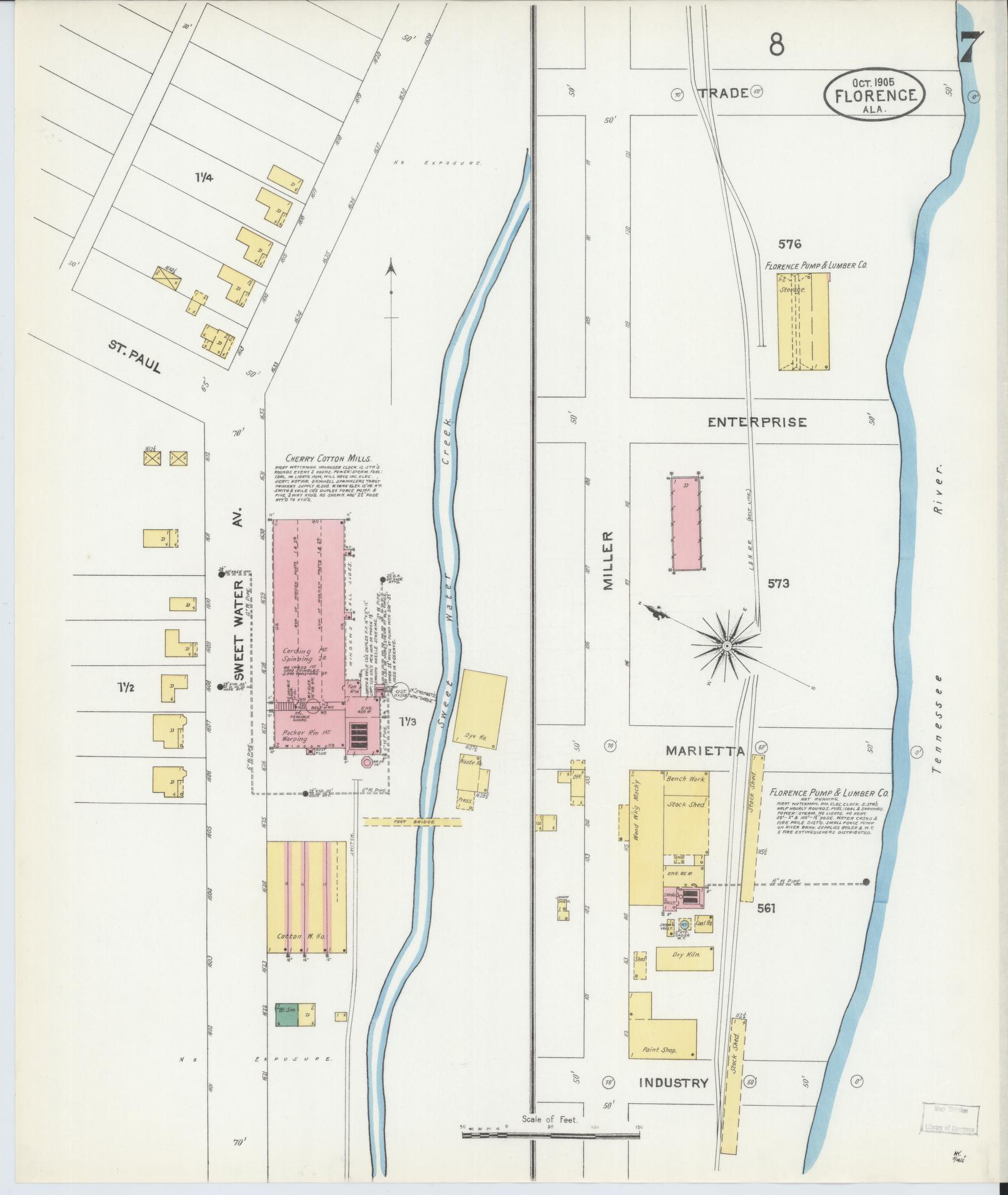 Sanborn Fire Insurance Map from Florence, Lauderdale County, Alabama (1905), Sheet #0007 - Complete Map Set gallery image, historic Sanborn map, vintage wall art, Alabama Alabama
