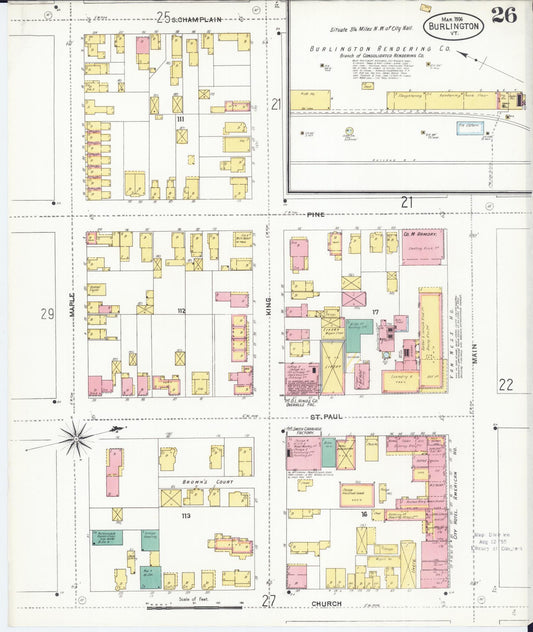 Sanborn Fire Insurance Map from Burlington, Chittenden County, Vermont (1906), Sheet #0026 - Historic Sanborn Fire Insurance Map Print, vintage old map wall art, antique decor, genealogy gift, Vermont Vermont map