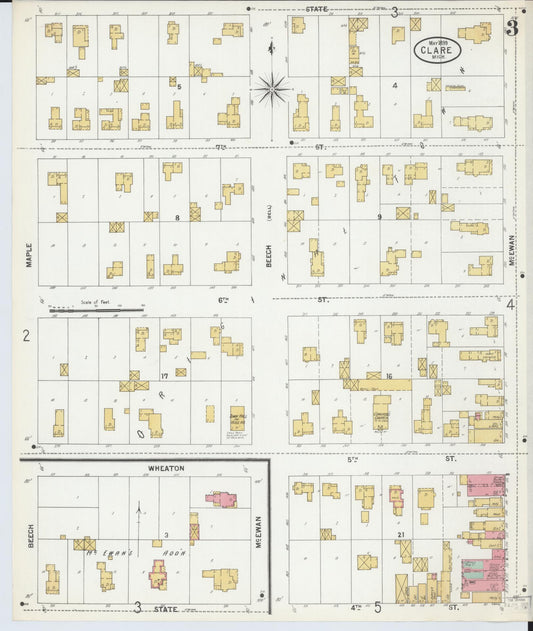 Sanborn Fire Insurance Map from Clare, Clare County, Michigan (1899), Sheet #0003 - Historic Sanborn Fire Insurance Map Print, vintage old map wall art, antique decor, genealogy gift, Michigan Michigan map