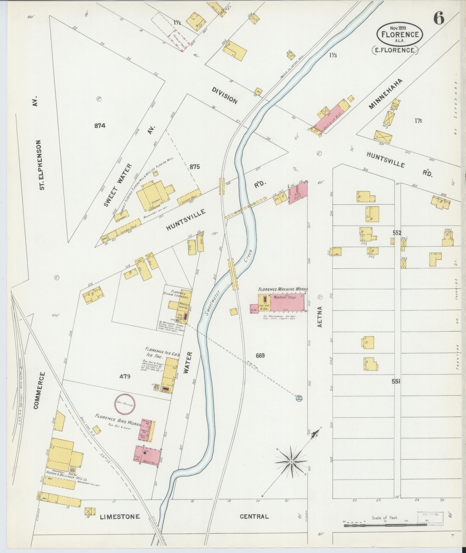 Sanborn Fire Insurance Map from Florence, Lauderdale County, Alabama (1899), Sheet #0006 - Historic Sanborn Fire Insurance Map Print, vintage old map wall art, antique decor, genealogy gift, Alabama Alabama map