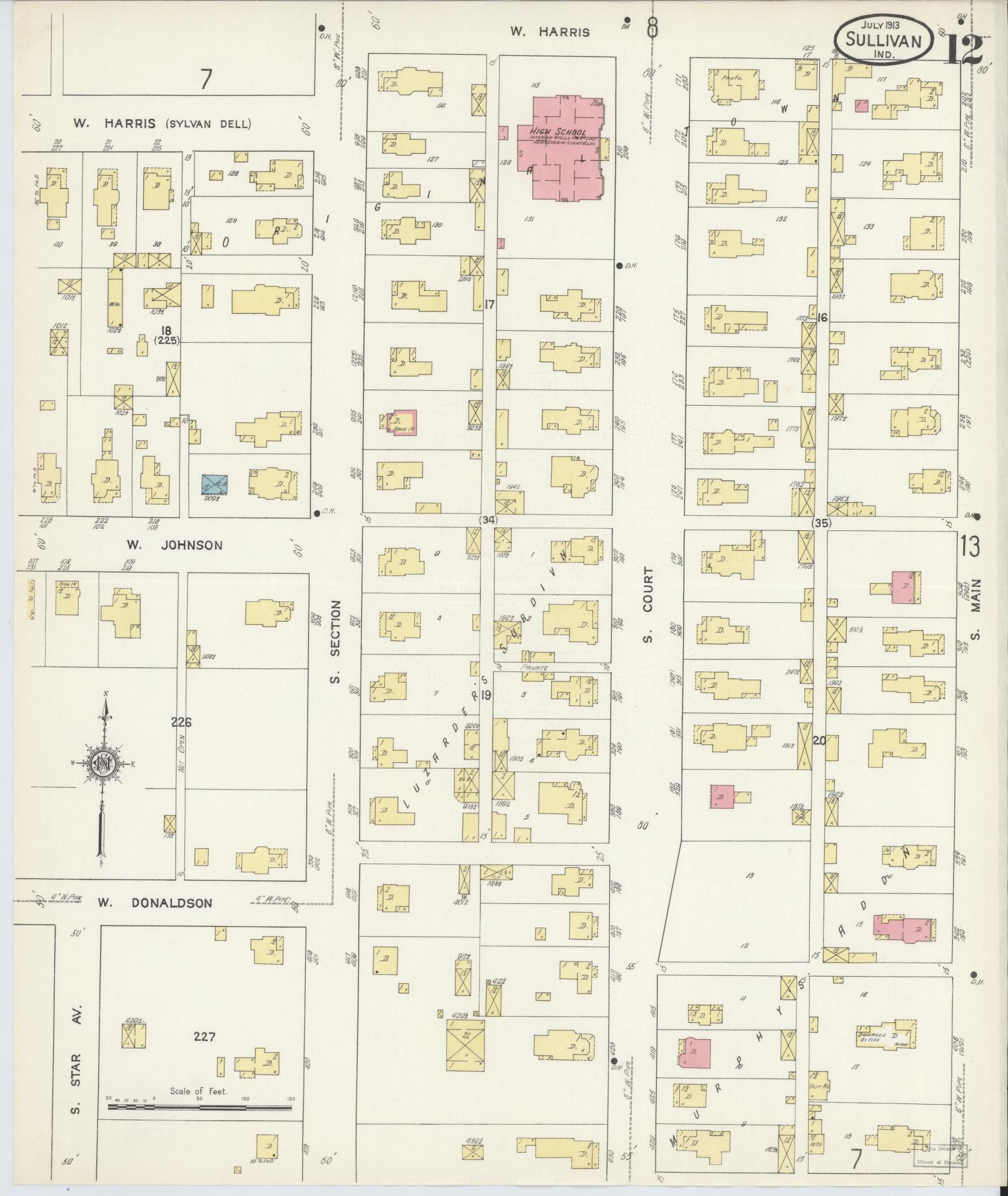 Sanborn Fire Insurance Map from Sullivan, Sullivan County, Indiana (1913), Sheet #0012 - Historic Sanborn Fire Insurance Map Print, vintage old map wall art, antique decor, genealogy gift, Indiana Indiana map