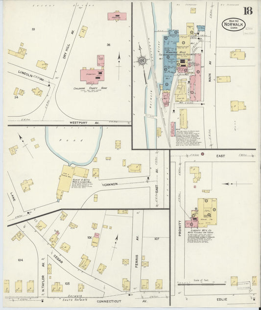 Sanborn Fire Insurance Map from Norwalk, Fairfield County, Connecticut (1912), Sheet #0018 - Historic Sanborn Fire Insurance Map Print, vintage old map wall art, antique decor, genealogy gift, Connecticut Connecticut map