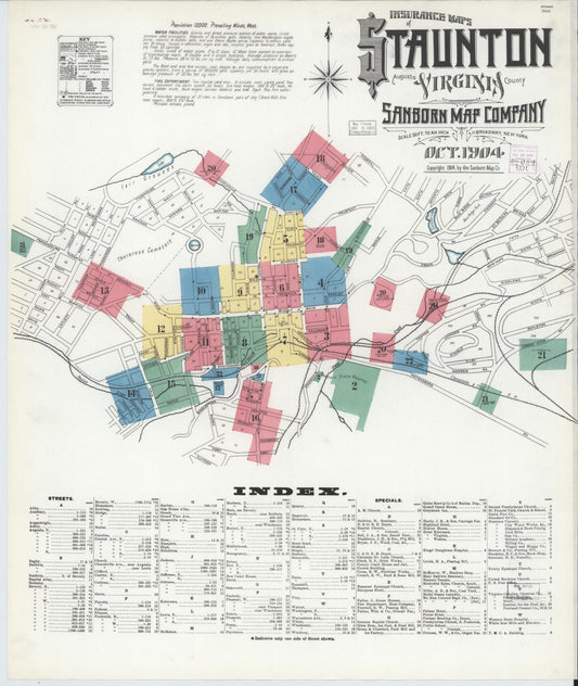 Sanborn Fire Insurance Map from Staunton, Independent Cities, Virginia (1904), Sheet #0001 - Historic Sanborn Fire Insurance Map Print, vintage old map wall art, antique decor, genealogy gift, Virginia Virginia map
