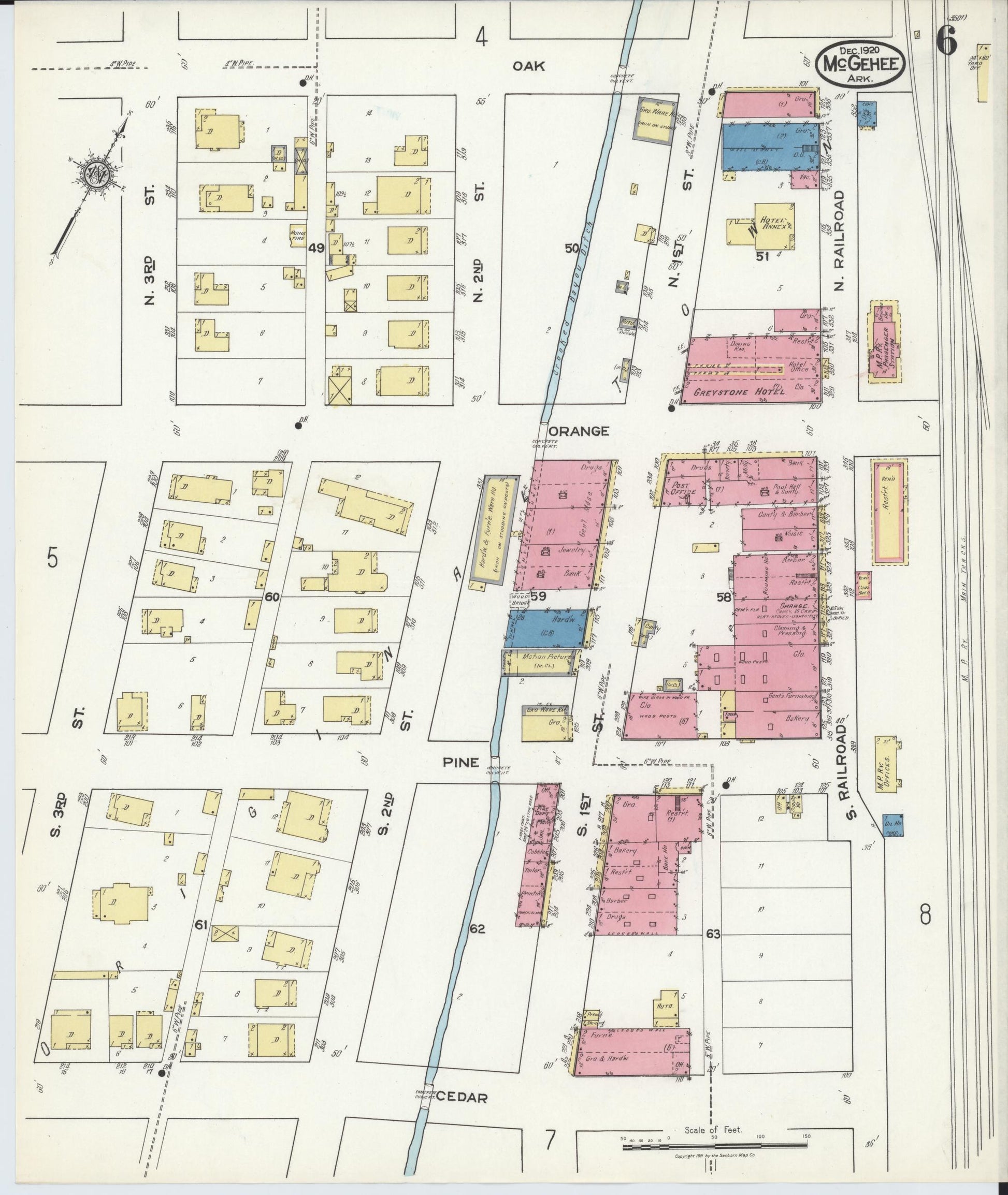 Sanborn Fire Insurance Map from McGehee, Desha County, Arkansas (1920), Sheet #0006 - Historic Sanborn Fire Insurance Map Print, vintage old map wall art, antique decor, genealogy gift, Arkansas Arkansas map