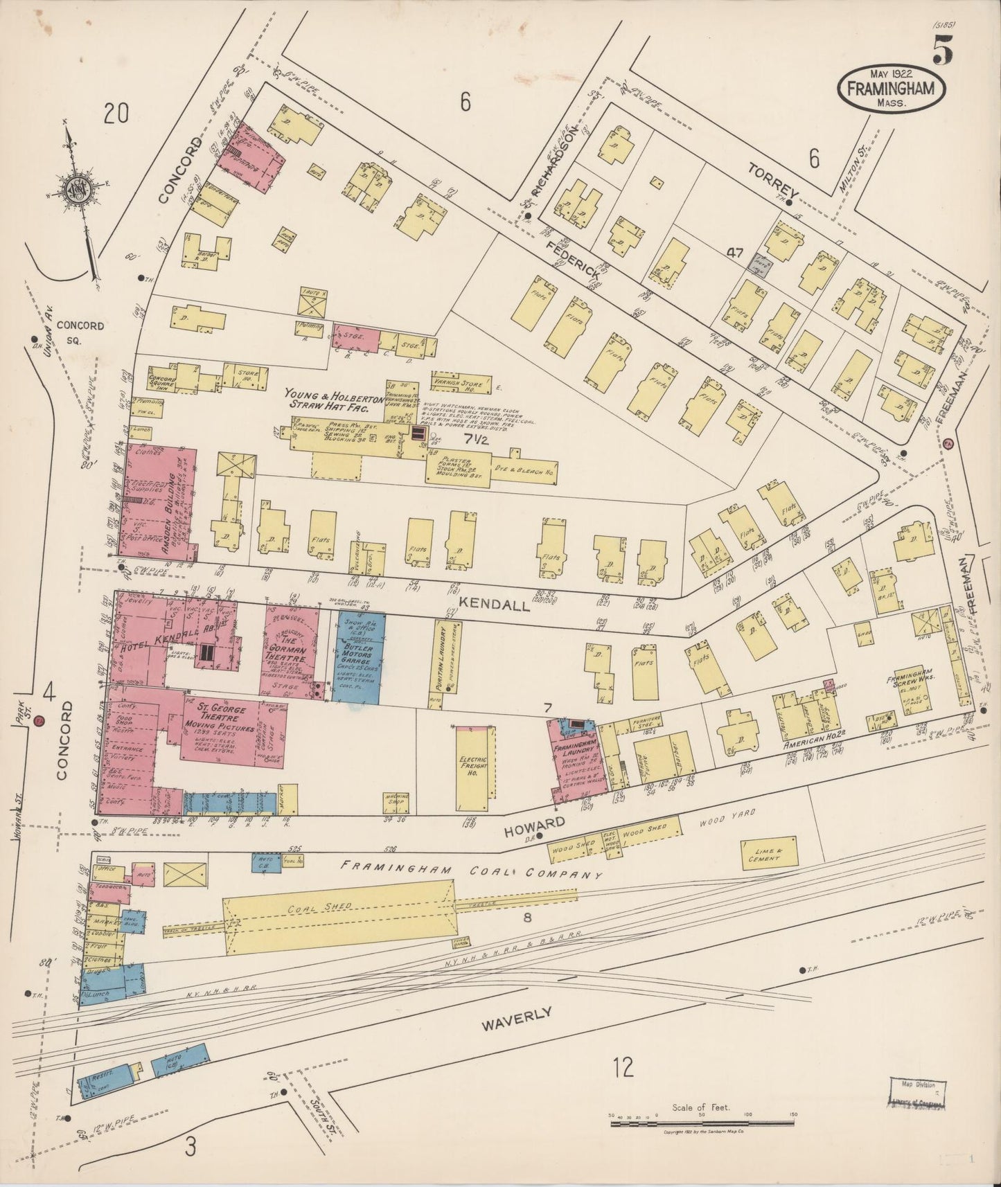 Sanborn Fire Insurance Map from Framingham, Middlesex County, Massachusetts (1922), Sheet #0005 - Complete Map Set gallery image, historic Sanborn map, vintage wall art, Massachusetts Massachusetts