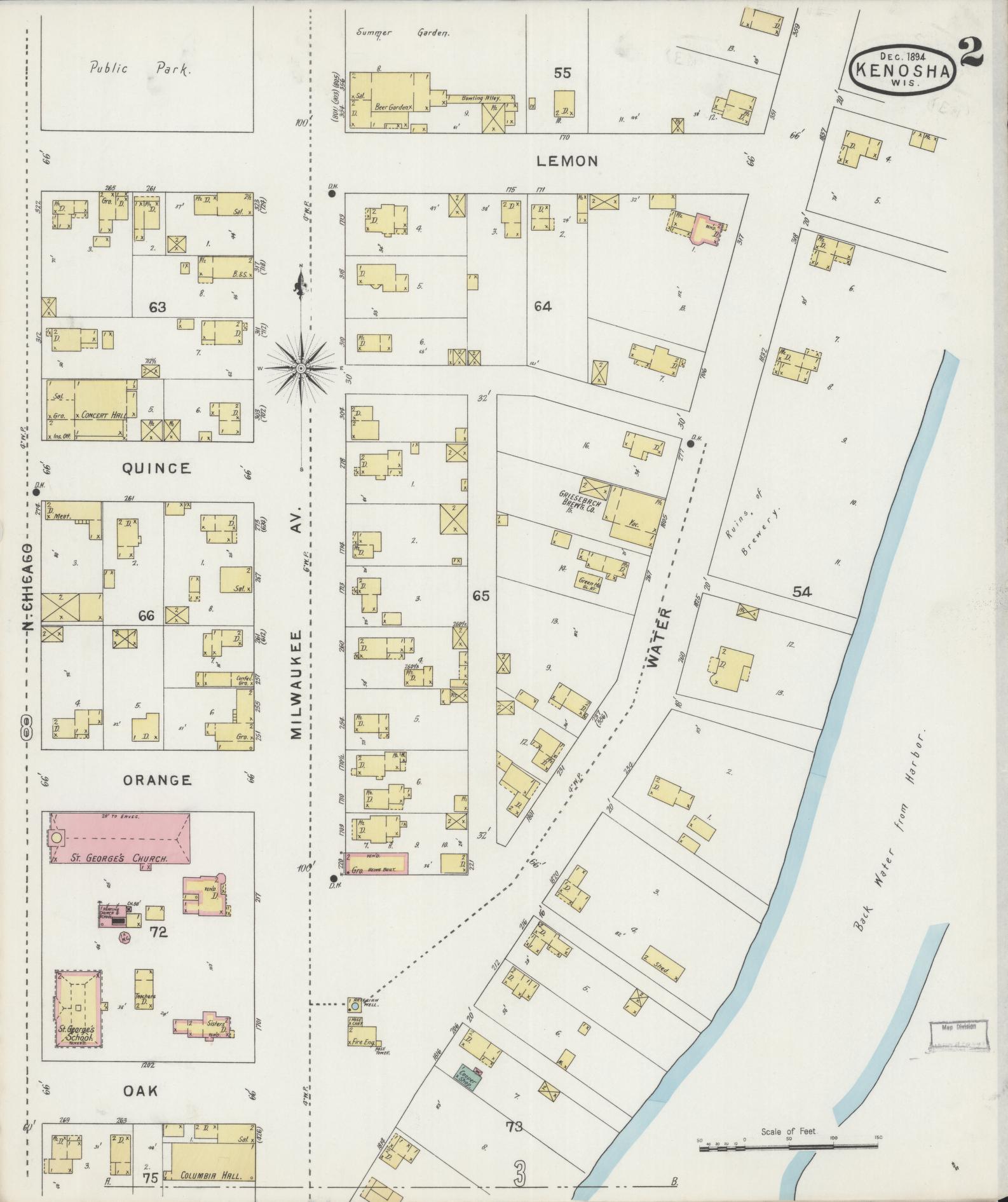 Sanborn Fire Insurance Map from Kenosha, Kenosha County, Wisconsin (1894), Sheet #0002 - Historic Sanborn Fire Insurance Map Print, vintage old map wall art, antique decor, genealogy gift, Wisconsin Wisconsin map