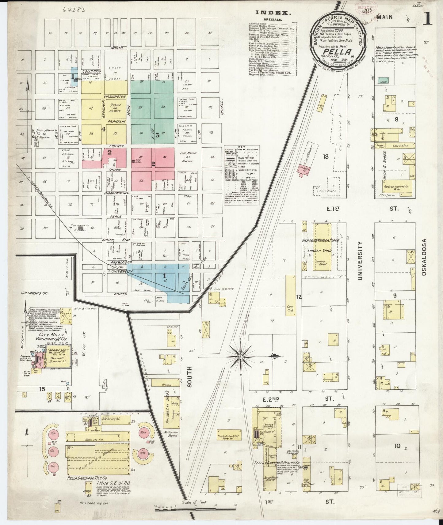 Sanborn Fire Insurance Map from Pella, Marion County, Iowa (1895), Sheet #0001 - Historic Sanborn Fire Insurance Map Print, vintage old map wall art