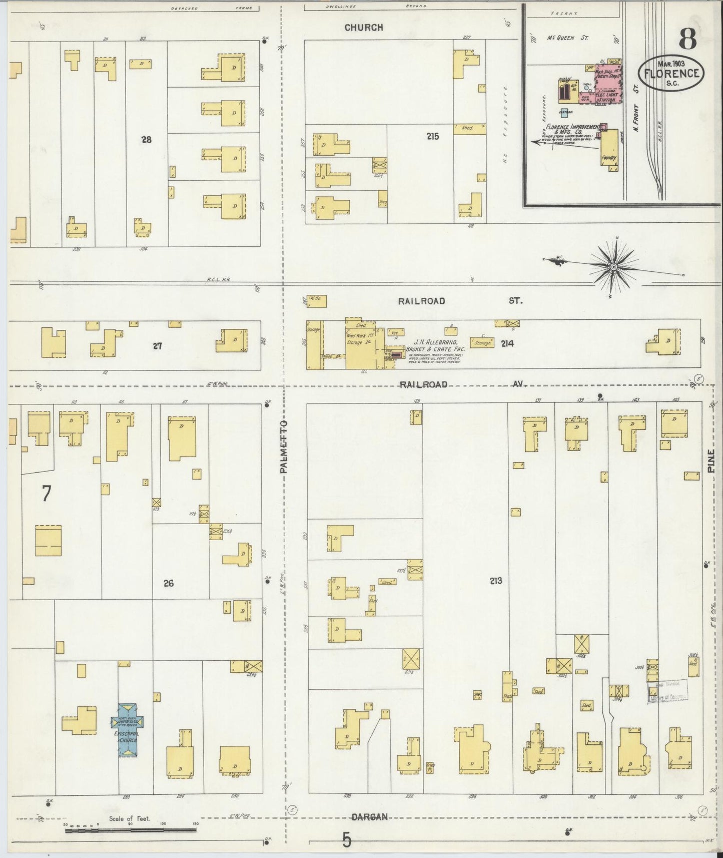 Sanborn Fire Insurance Map from Florence, Florence County, South Carolina (1903), Sheet #0008 - Complete Map Set gallery image, historic Sanborn map, vintage wall art, South Carolina South Carolina