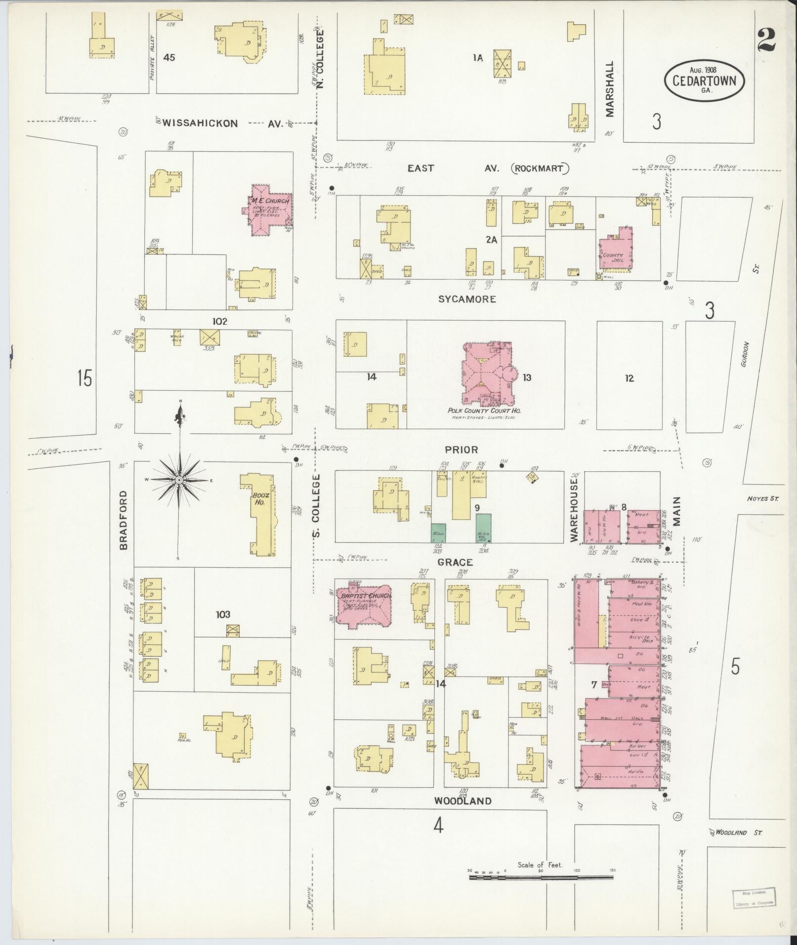 Sanborn Fire Insurance Map from Cedartown, Polk County, Georgia (1908), Sheet #0002 - Complete Map Set gallery image, historic Sanborn map, vintage wall art, Georgia Georgia
