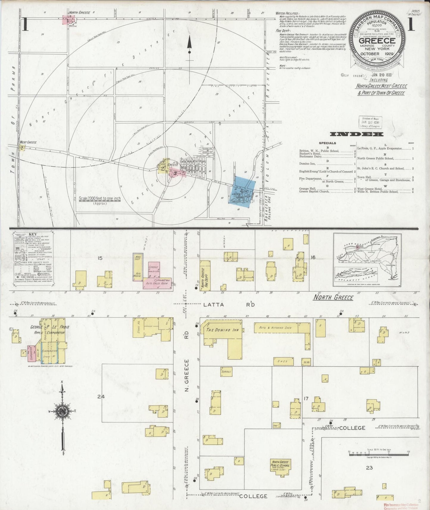 Sanborn Fire Insurance Map from Greece, Monroe County, New York (1929), Sheet #0001 - Historic Sanborn Fire Insurance Map Print, vintage old map wall art, antique decor, genealogy gift, New York New York map