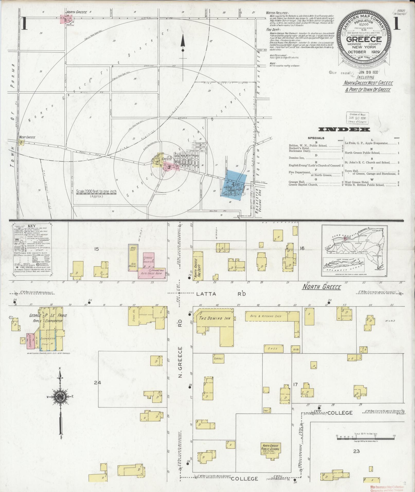 Sanborn Fire Insurance Map from Greece, Monroe County, New York (1929), Sheet #0001 - Historic Sanborn Fire Insurance Map Print, vintage old map wall art, antique decor, genealogy gift, New York New York map